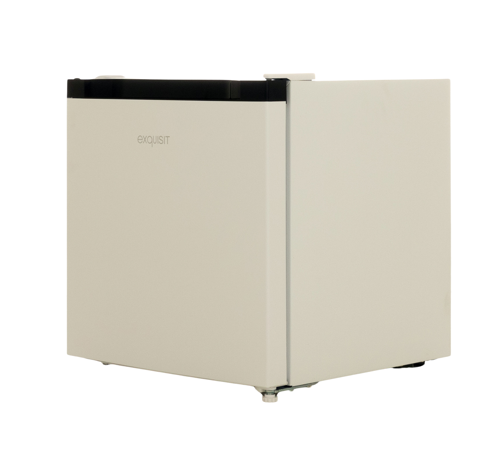 White mini fridge, black top, white background, label: exquisit.