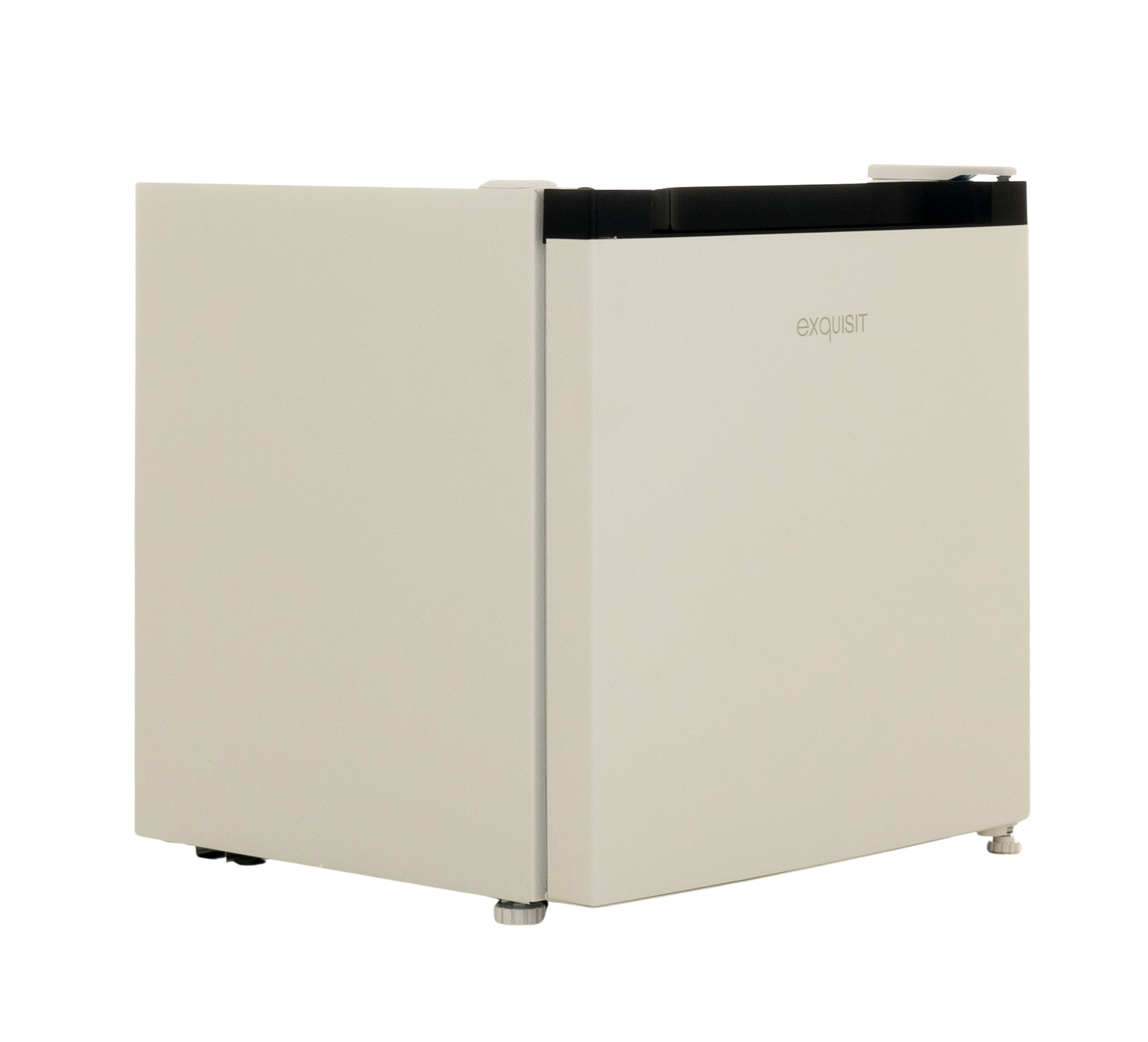 Beige small refrigerator with 'exquisit' on it.