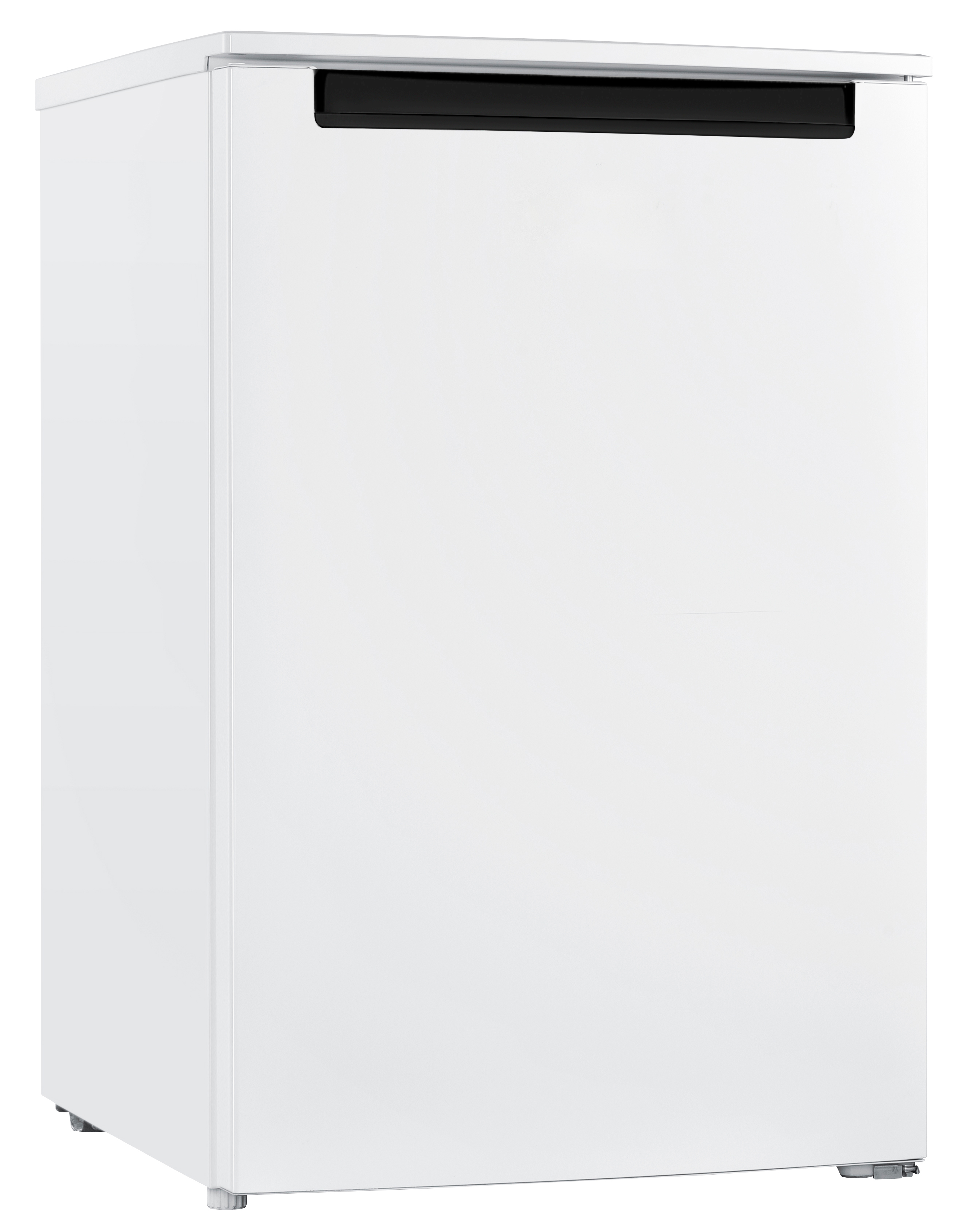 Een witte koelkast met een zwarte handgreep, staand op een witte achtergrond. Het is een hoog, slank apparaat.