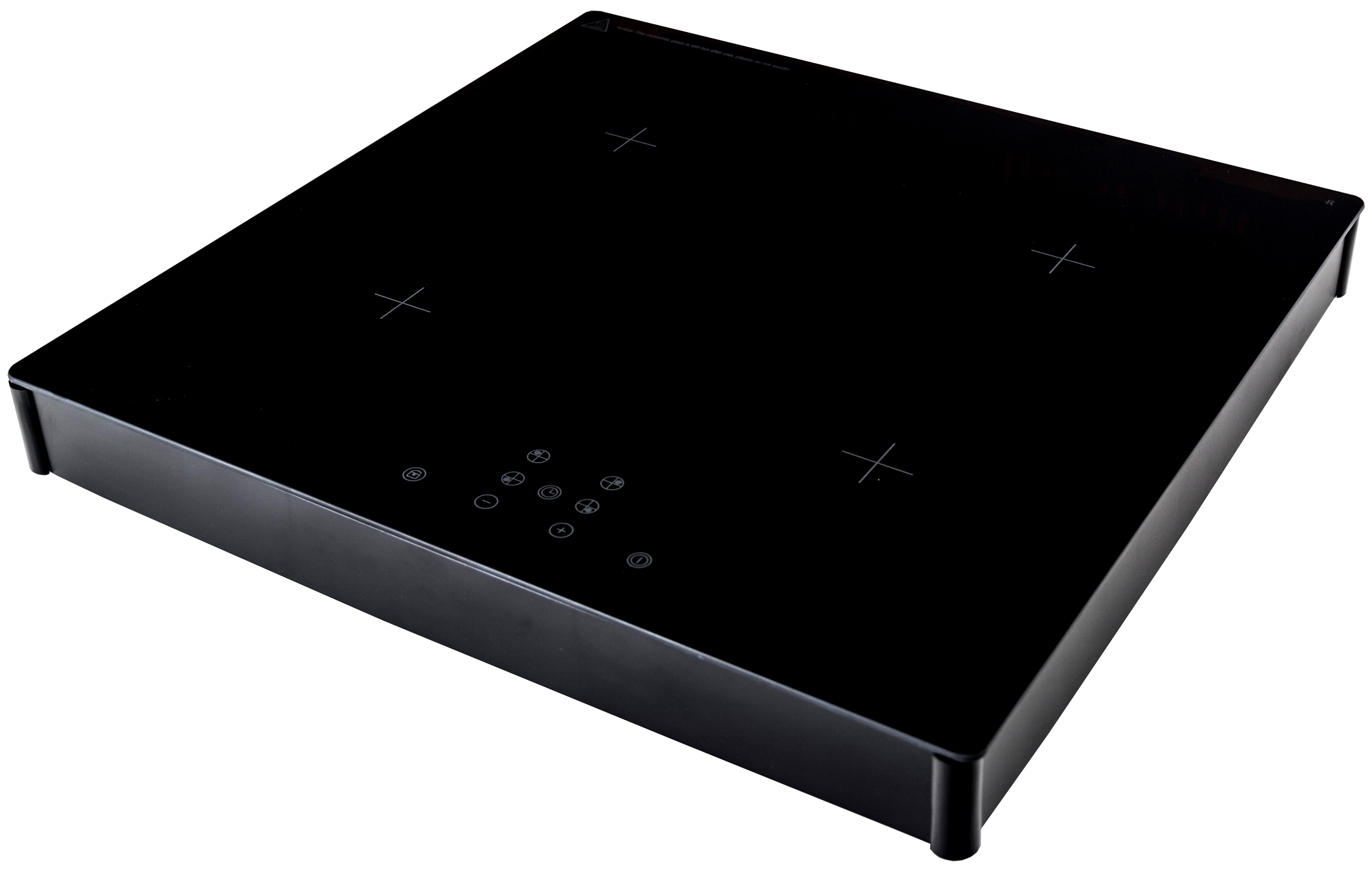 A black induction cooktop with four marked cooking zones, on a white background.