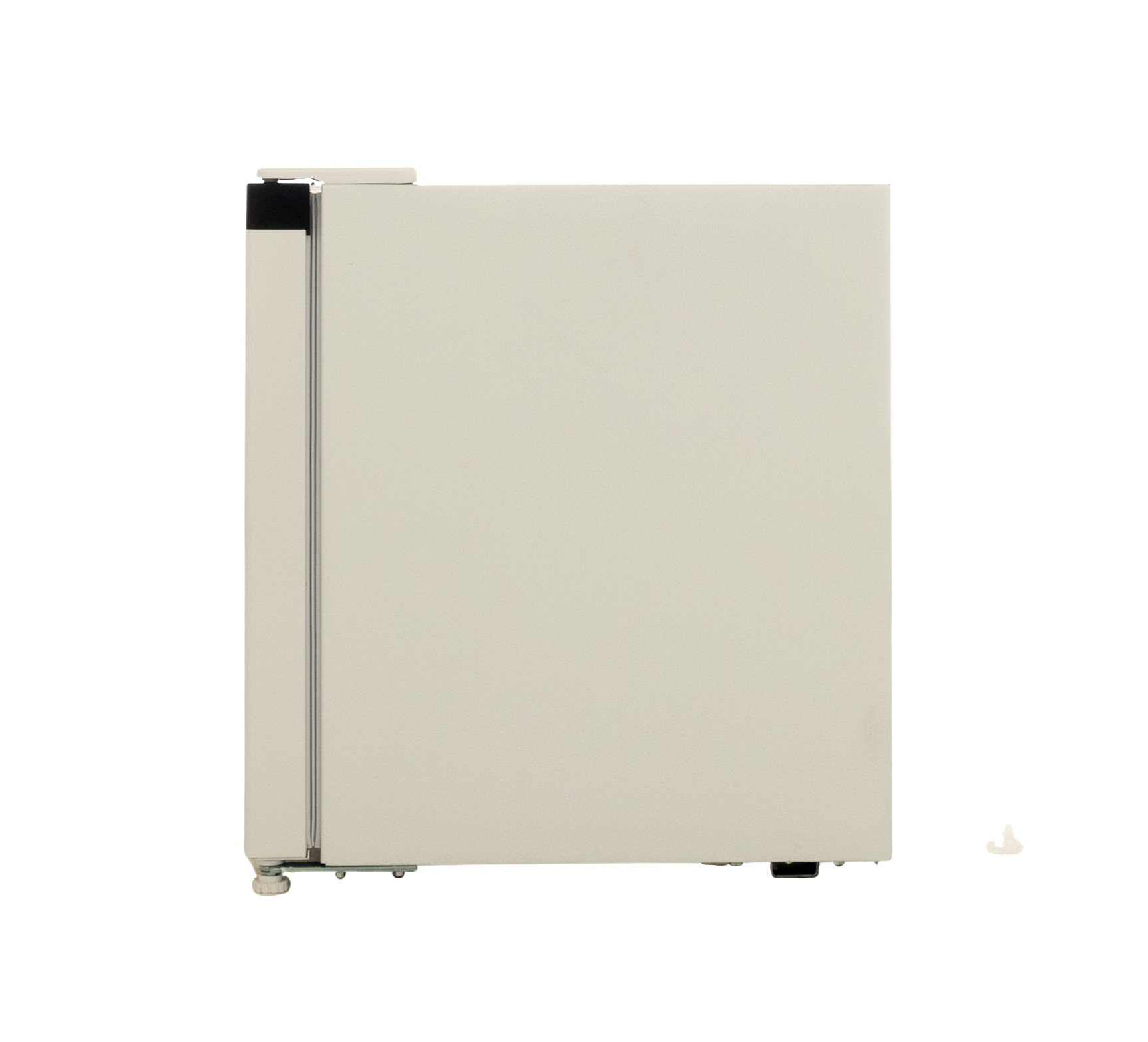 A side view of a white refrigerator, showing the door and the side panel, isolated on white.
