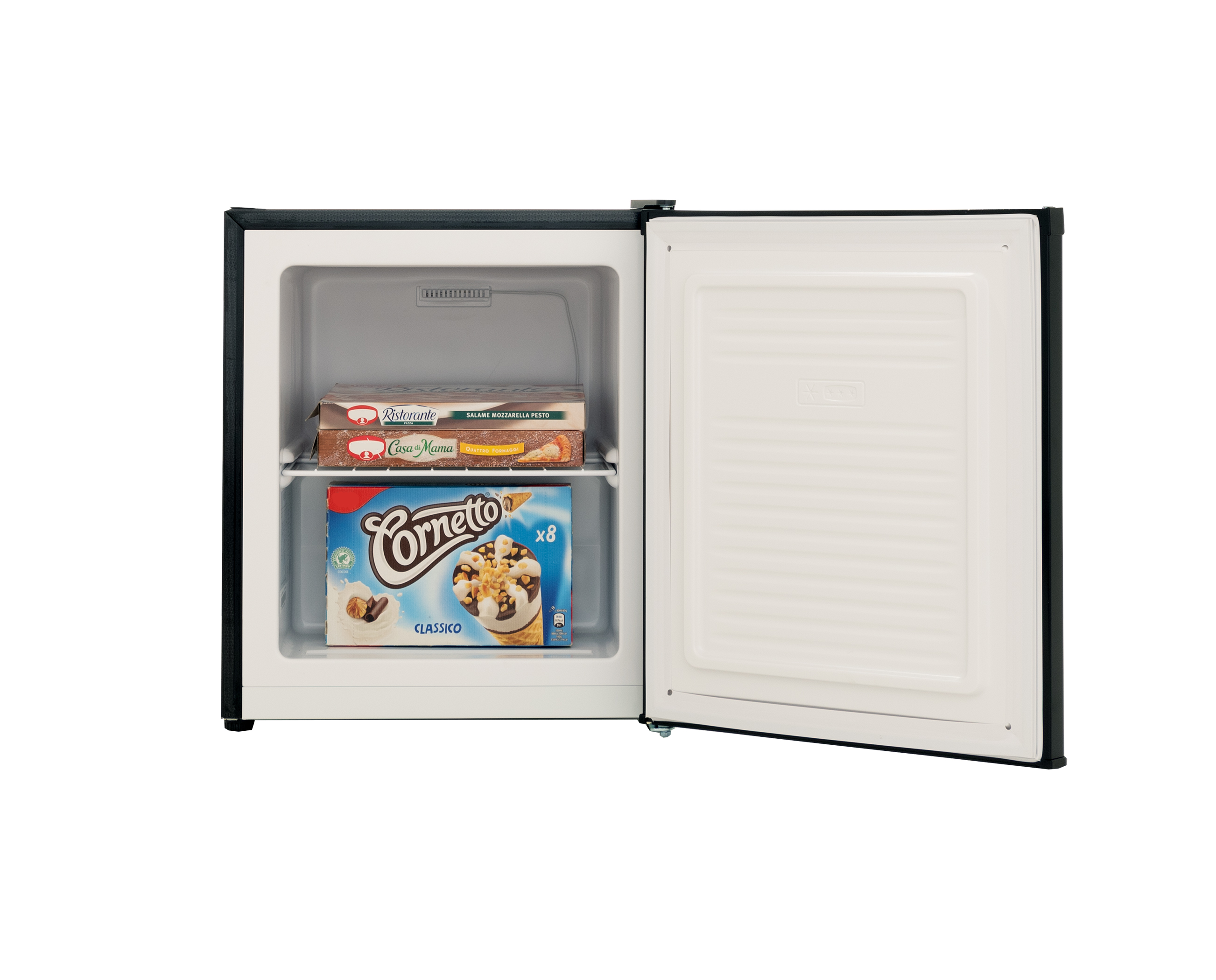 Mini-fridge open, showing ice cream and frozen food.
