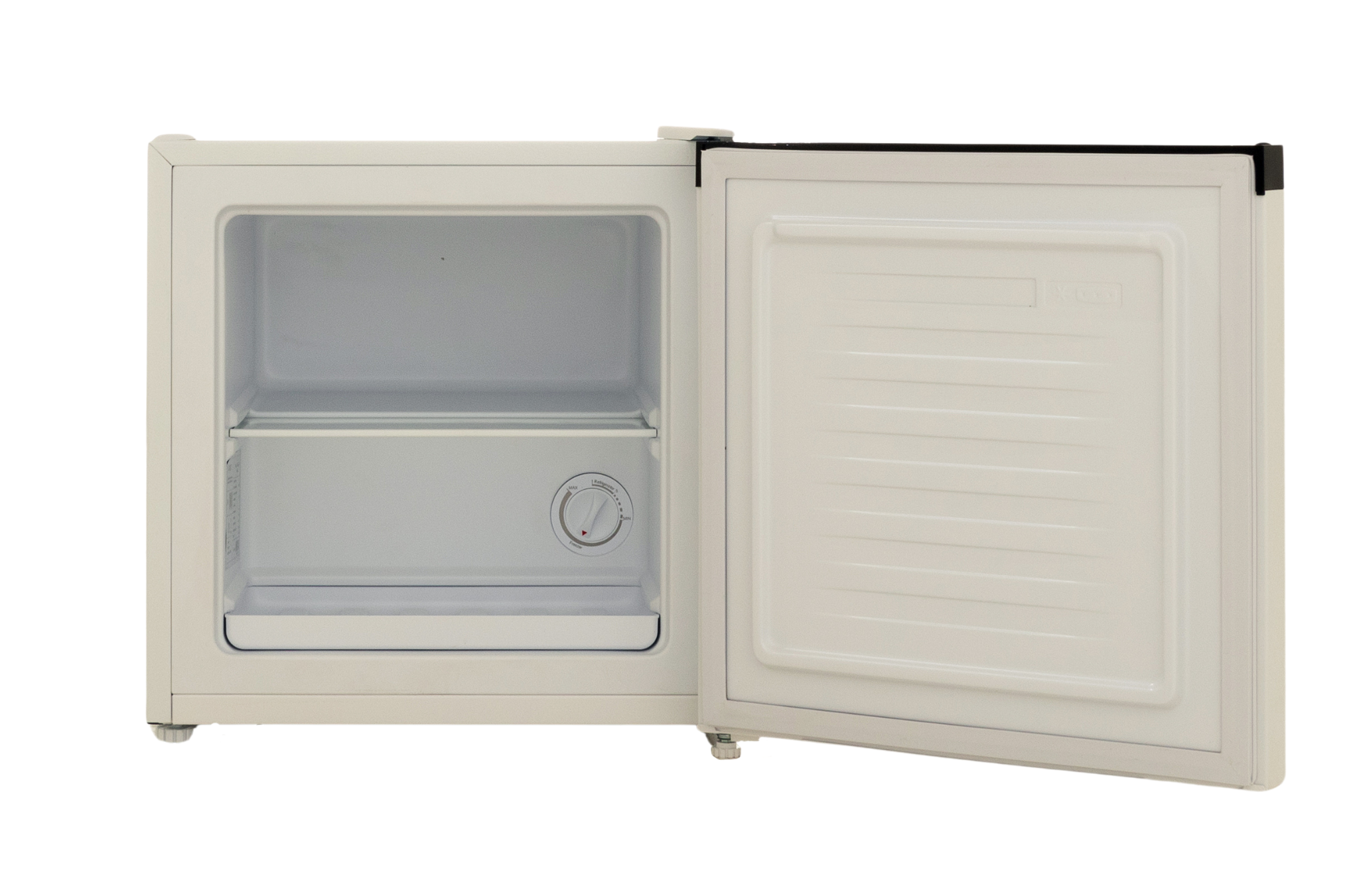 Small beige refrigerator with open door. Inside shelf and temperature control.