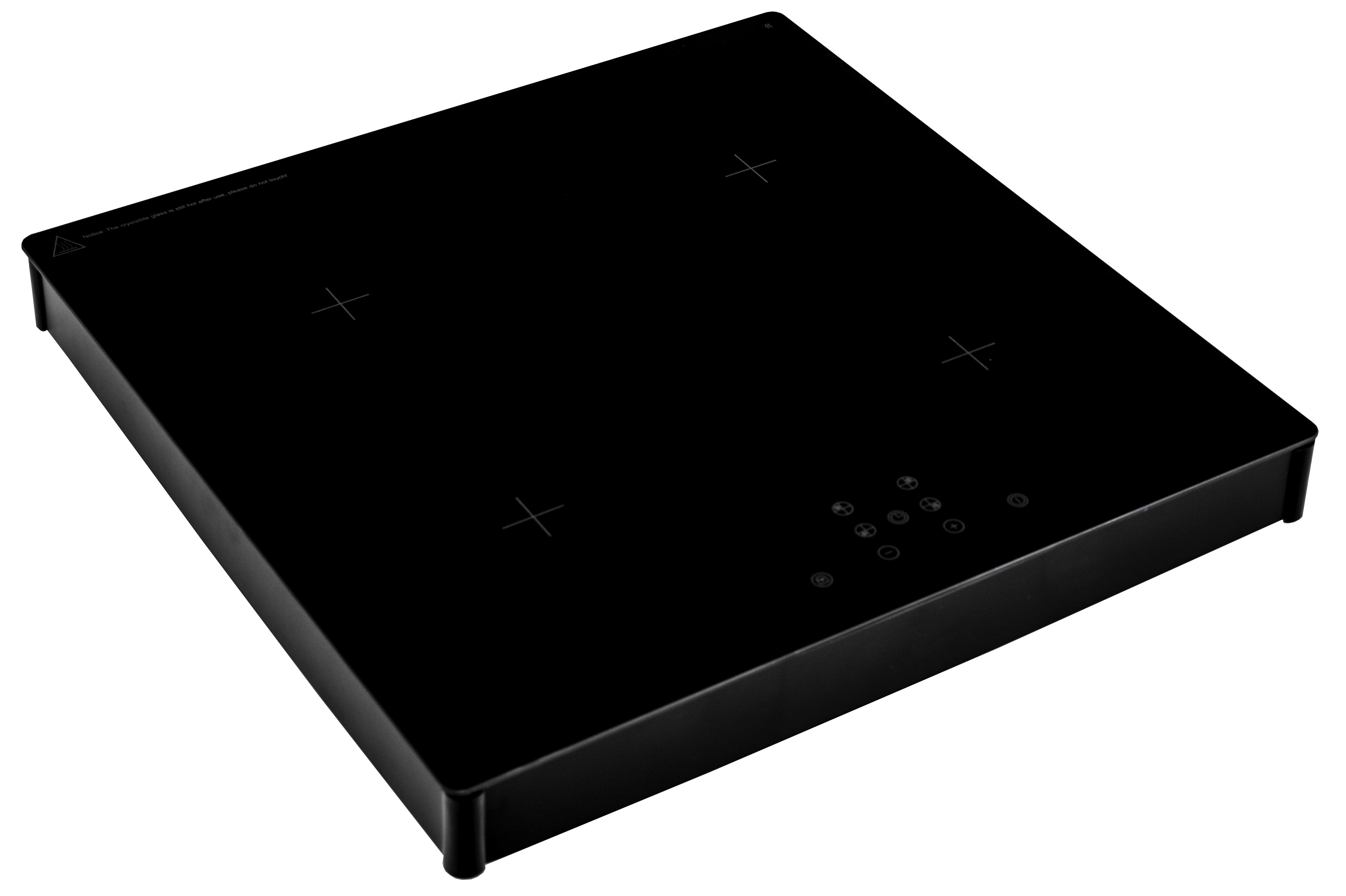 A black, square induction cooktop with four circular cooking zones and touch controls.