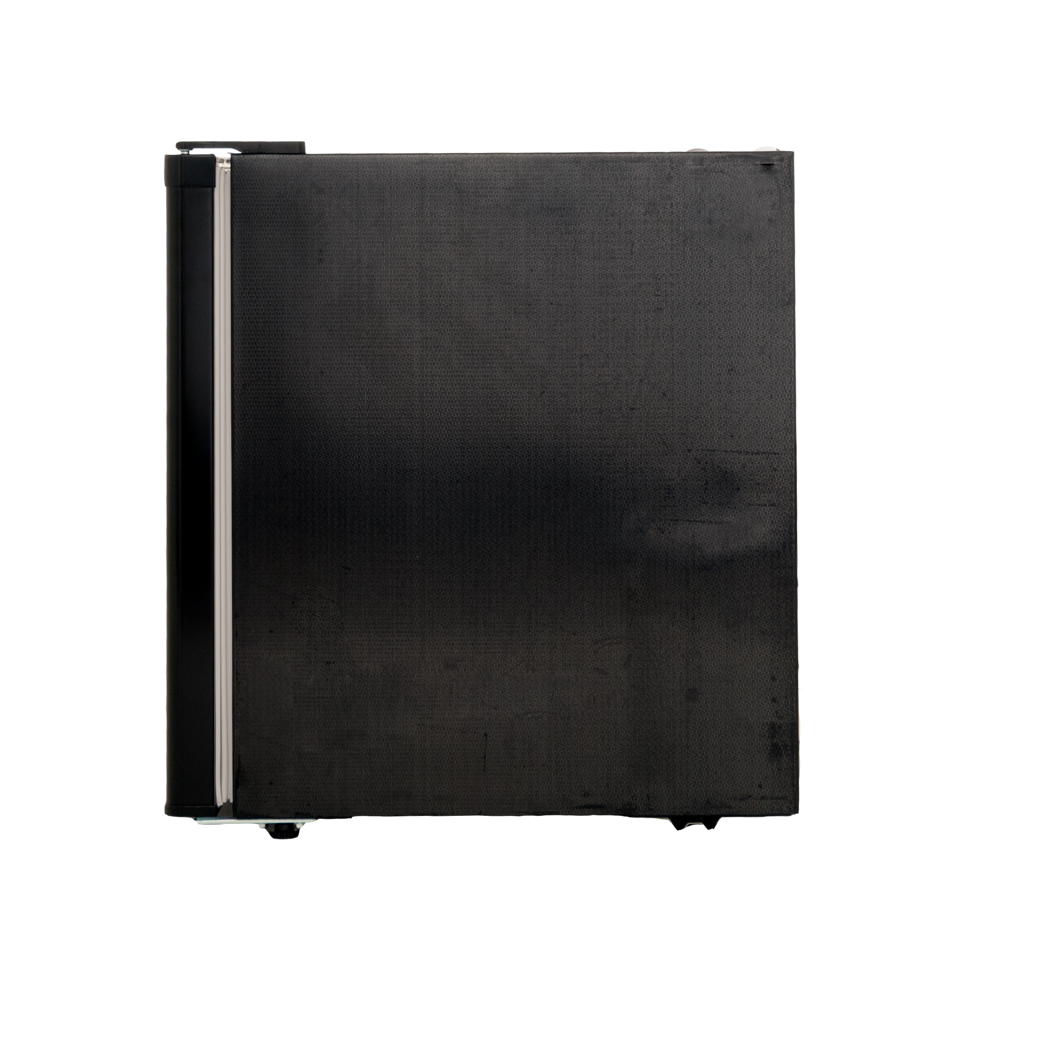 Black computer case, side view, with a silver strip along the left side.