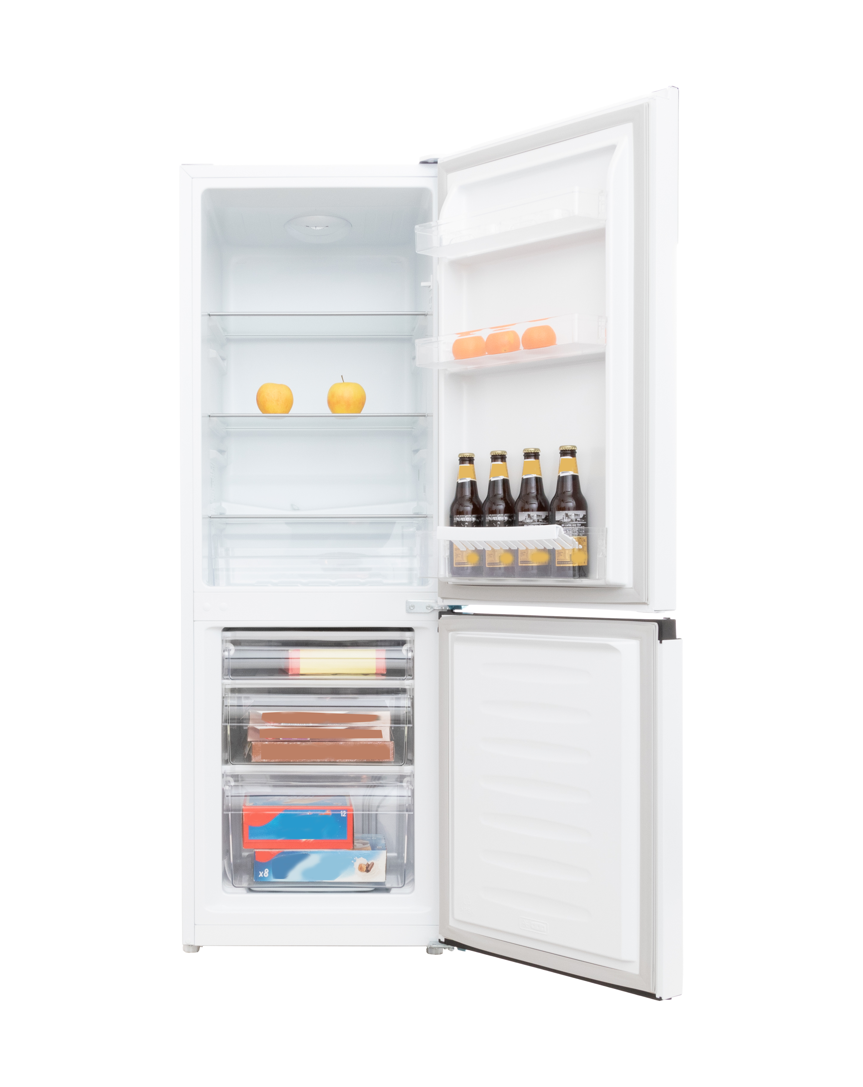 Réfrigérateur blanc avec porte ouverte, contenu visible.