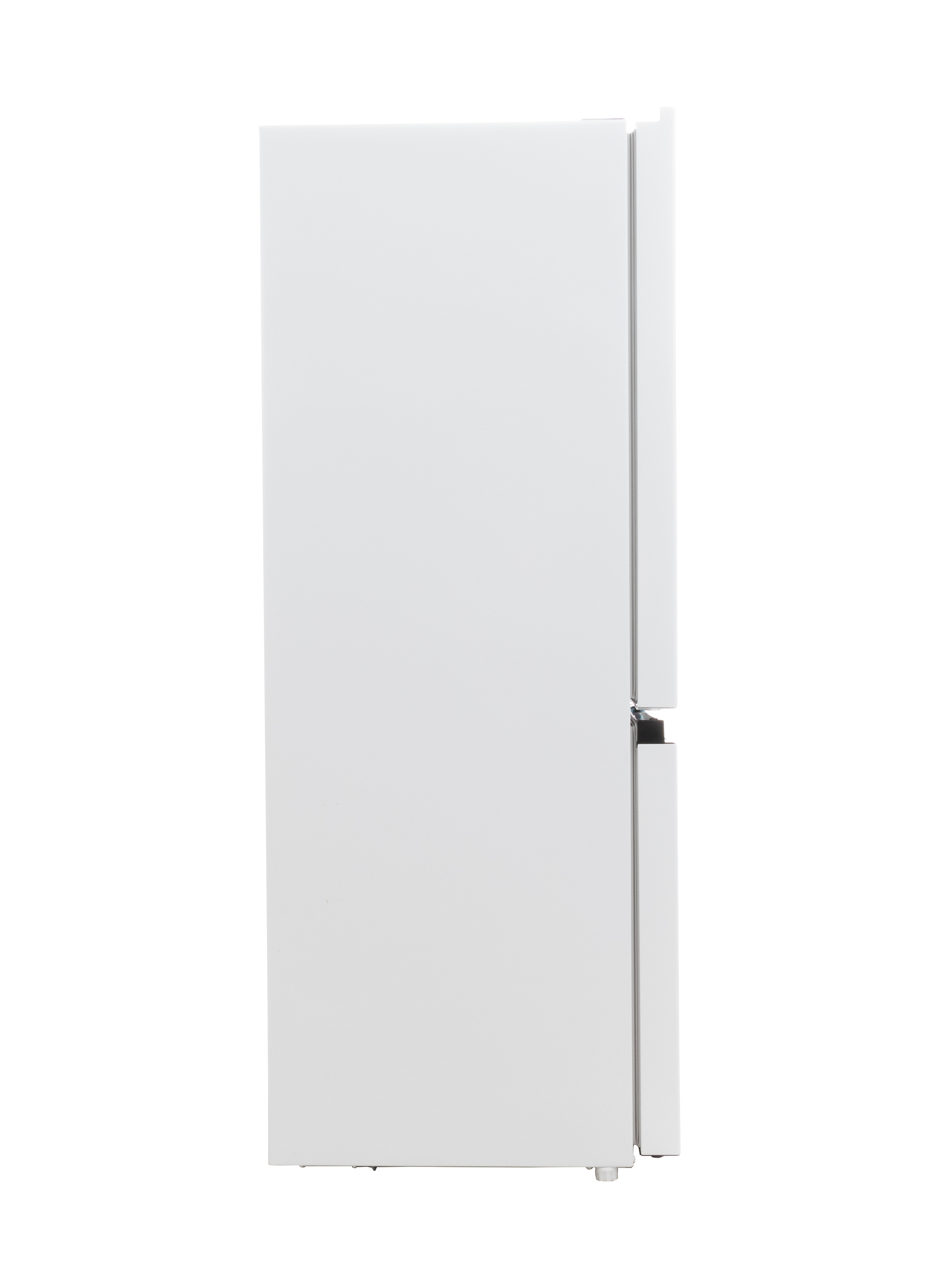 Vue latérale d'un réfrigérateur blanc. Porte et poignée visibles. Fond blanc.