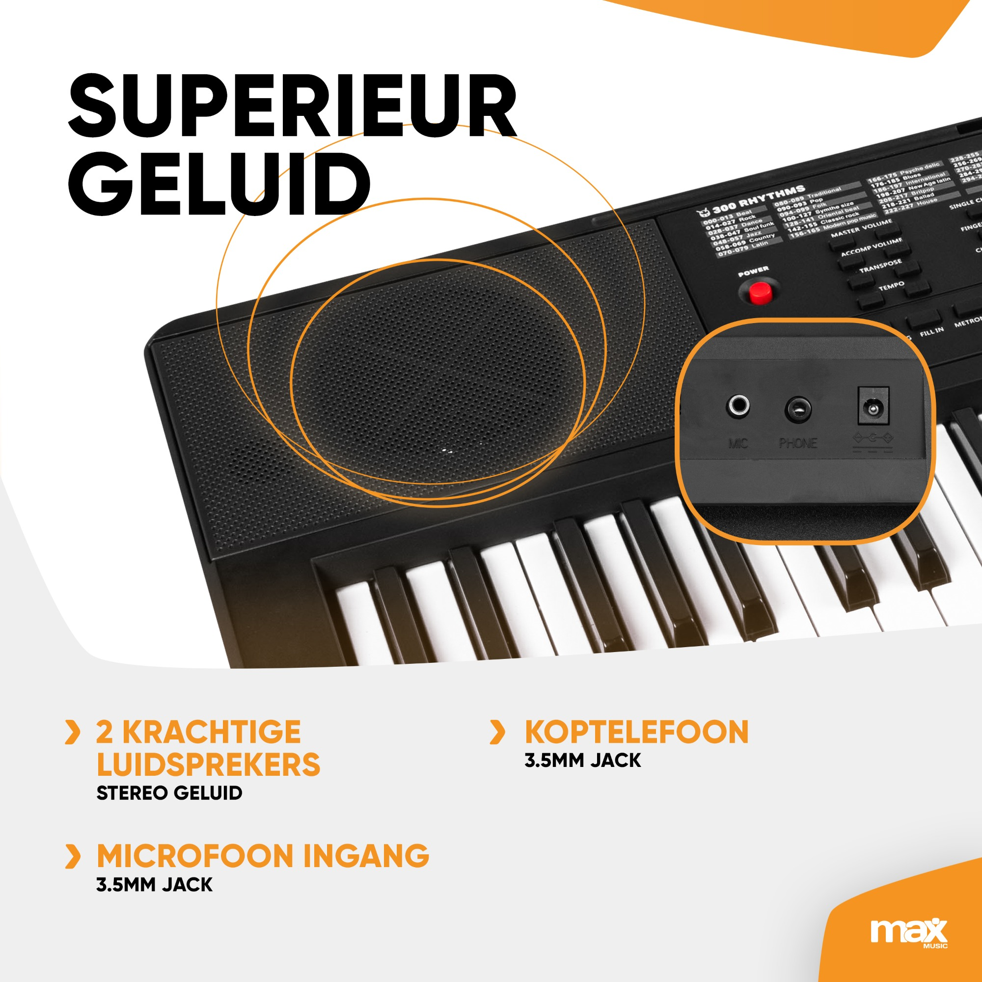 Zwart toetsenbord met grote luidspreker, gemarkeerd met '2 KRACHTIGE LUIDSPREKERS' en 'MICROFOON INGANG'.