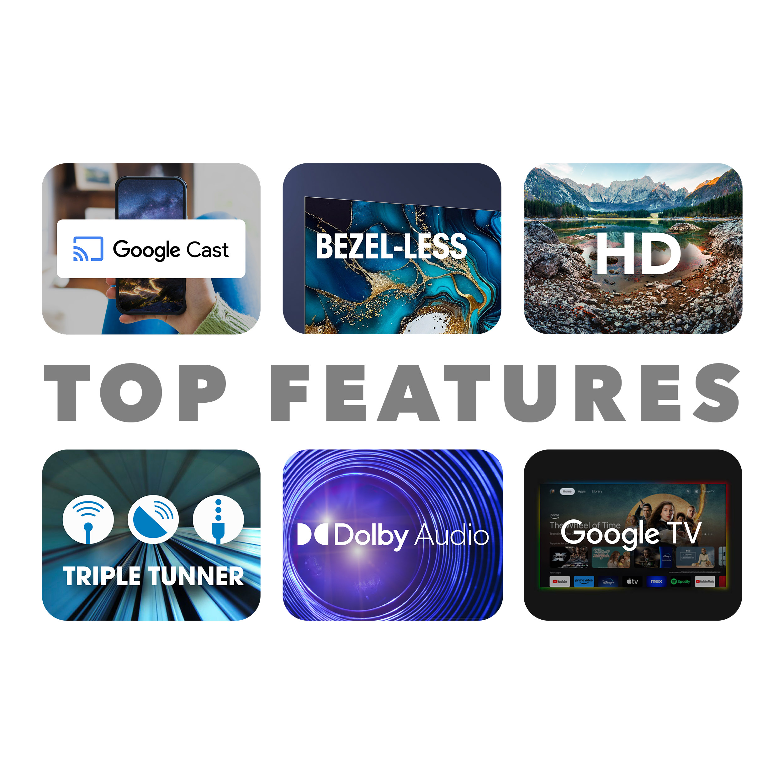 Kolaż z ikonami Google Cast, Bezel-less, HD, Triple Tuner, Dolby Audio i Google TV.