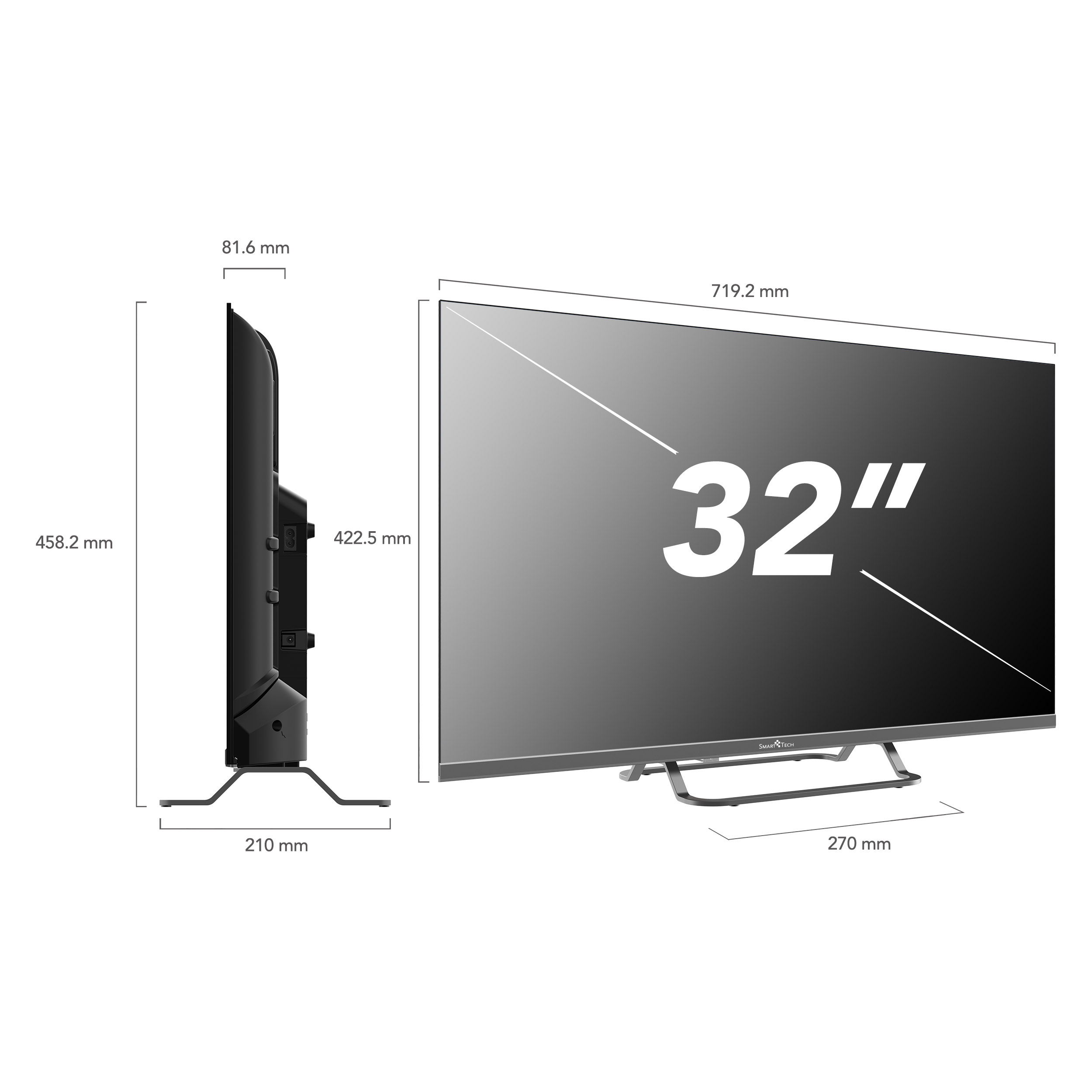 Fernseher, 32-Zoll-Bildschirm, Seiten- und Vorderansicht. Abmessungen: 458,2 mm Höhe, 719,2 mm Breite. Mit Ständer.