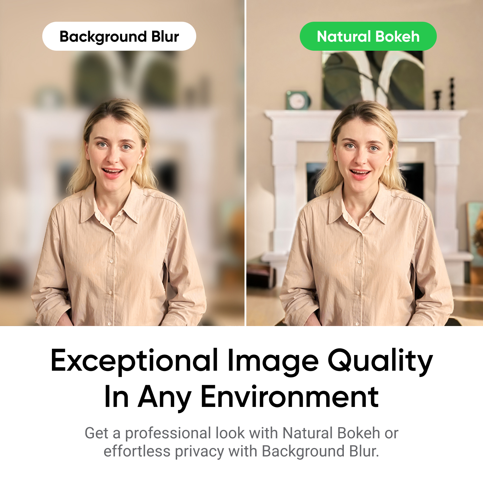 Dwie kobiety, jedna z rozmytym tłem, druga z wyraźnym tłem, tekst o jakości obrazu.