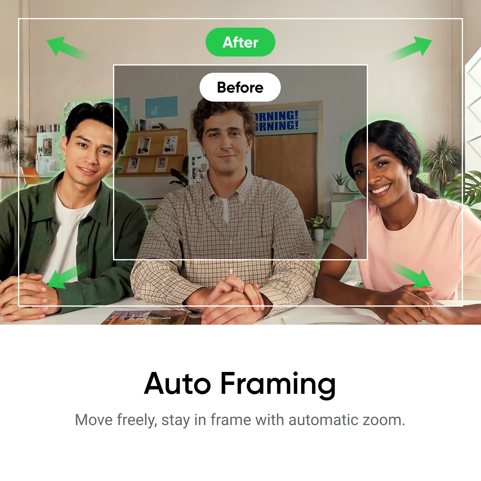 Trzy osoby w ramce, tekst 'Przed' i 'Po' z zielonymi strzałkami i tekstem 'Auto Framing'.