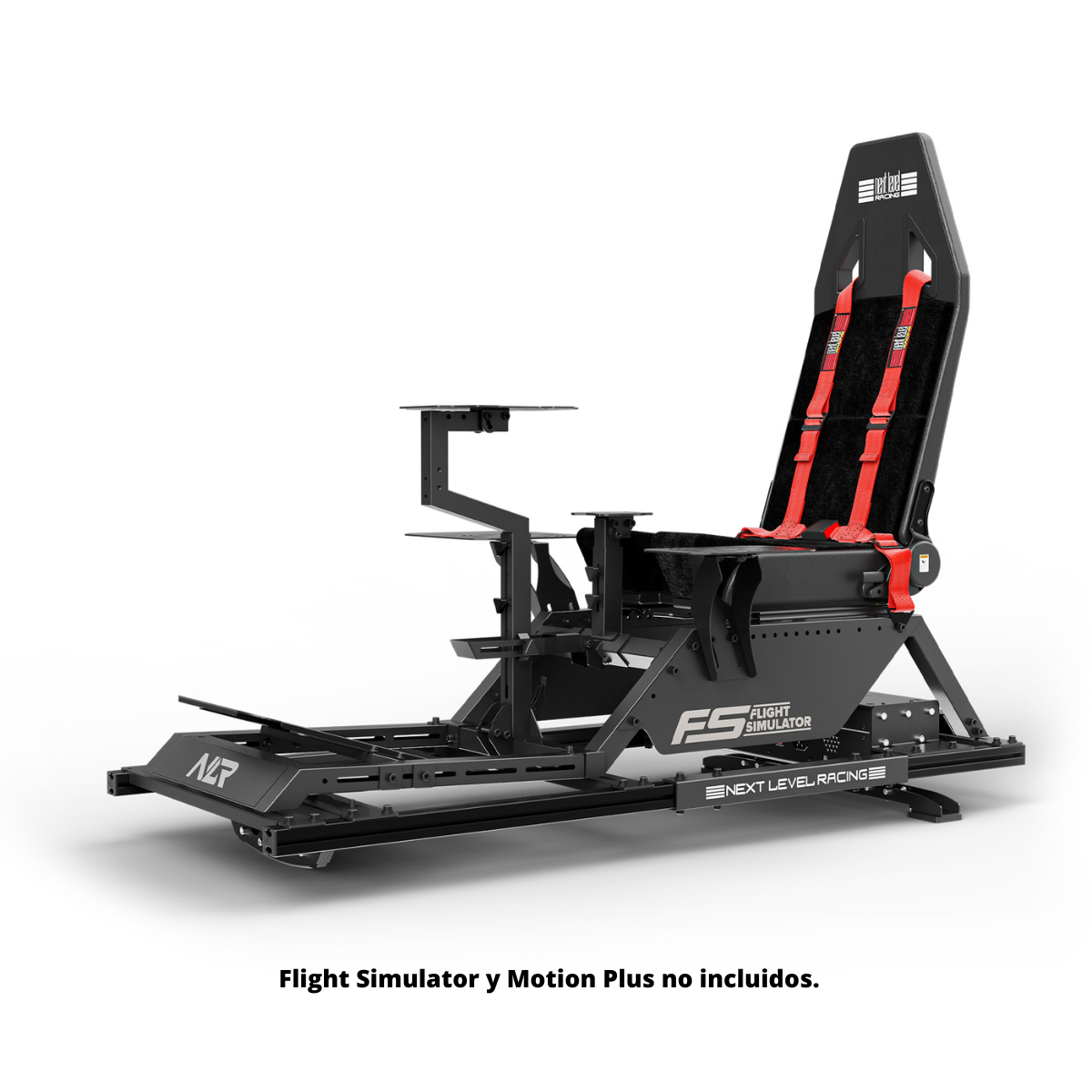 Asiento simulador de vuelo negro con correas rojas, marco metálico y texto 'Flight Simulator'.
