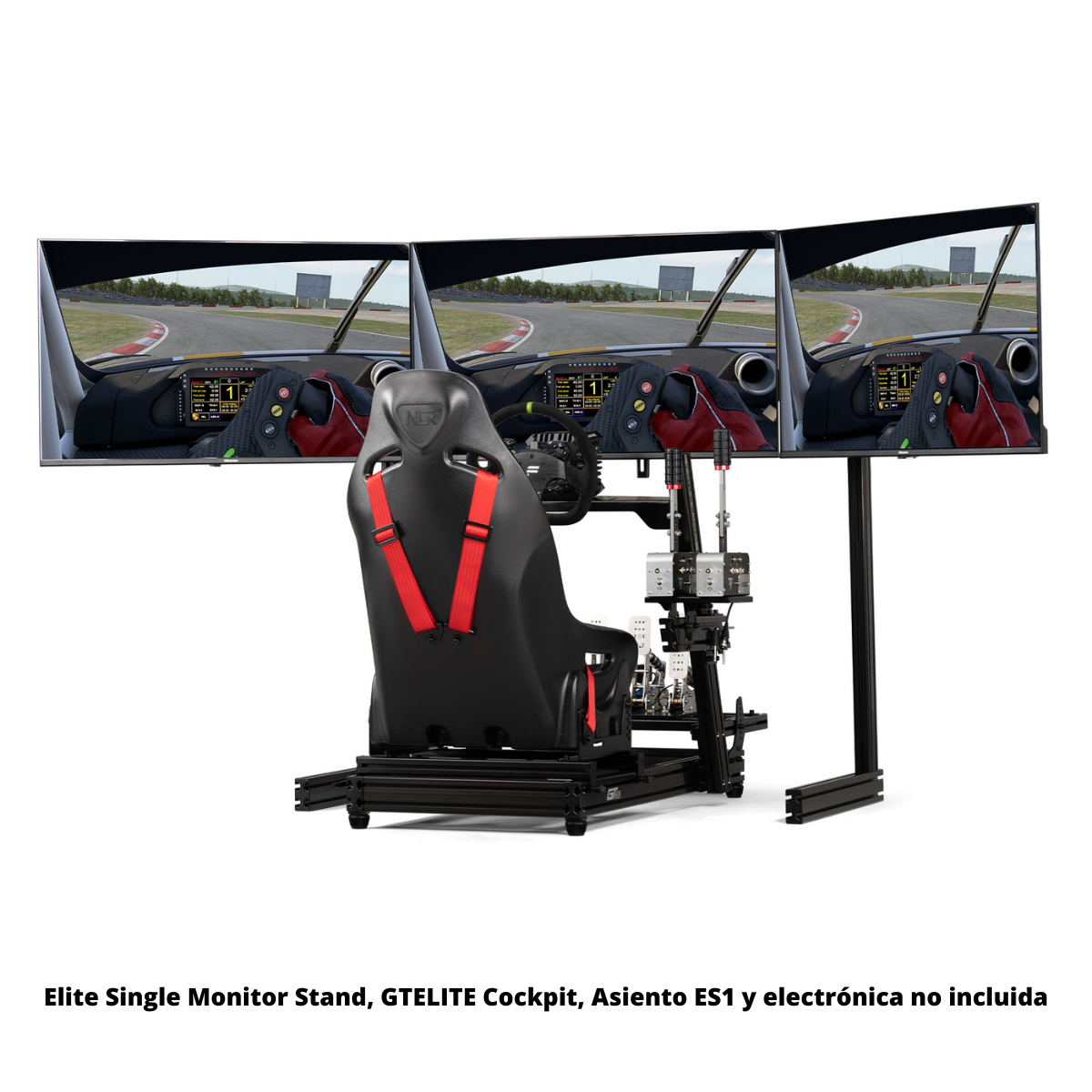 Simulador de carreras negro con tres monitores que muestran una escena de carrera. Texto debajo: Elite Single Monitor Stand.