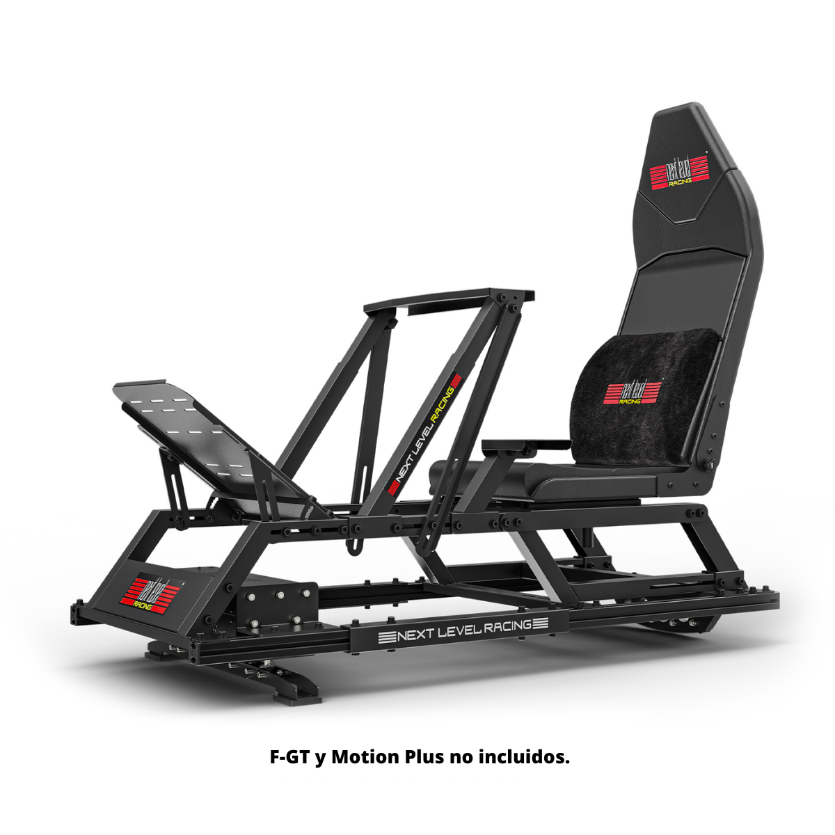 Silla simulador de carreras negra sobre fondo blanco. Incluye asiento, respaldo y pedales.