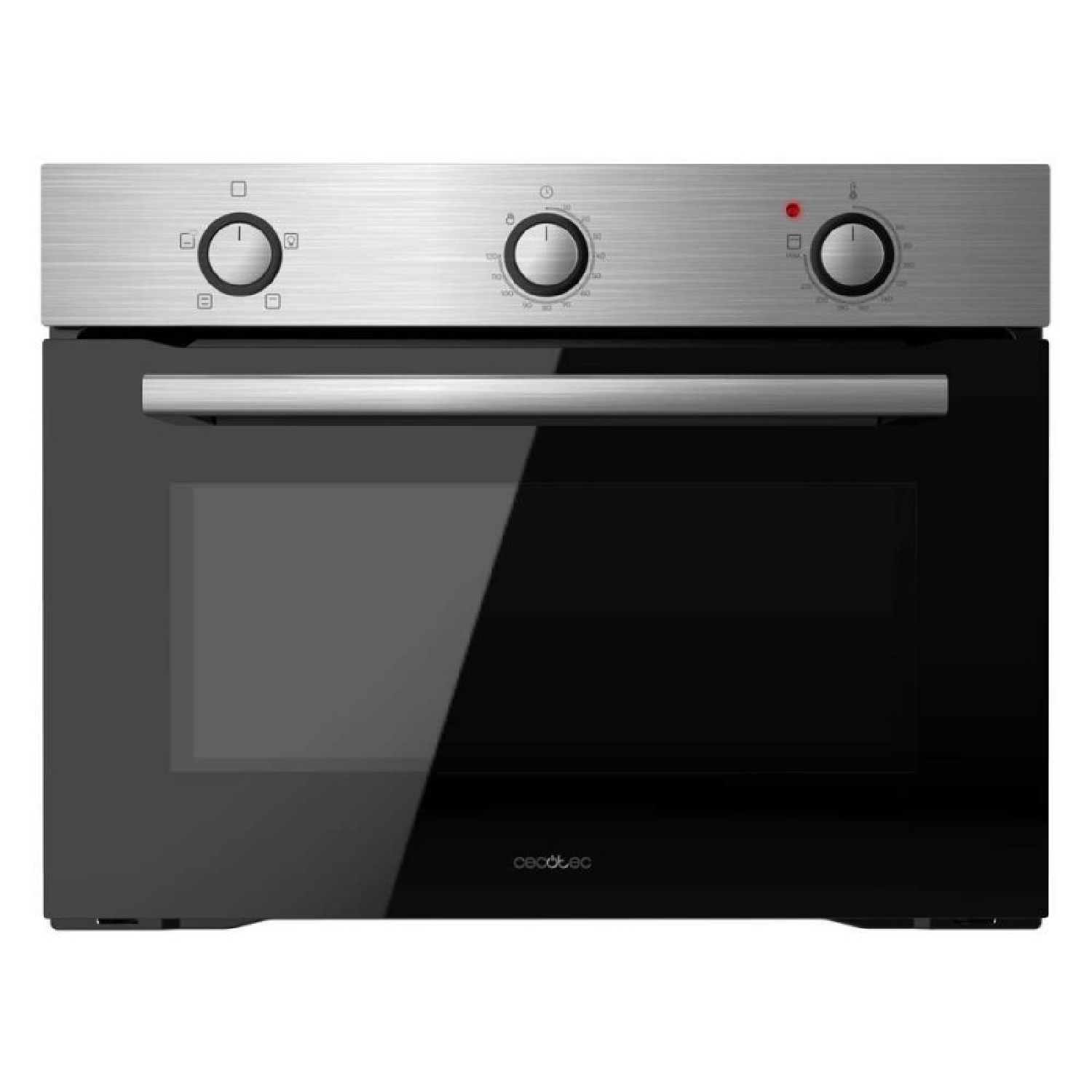 Un forno nero con porta in vetro, pannello comandi argentato e il marchio 'cecotec'.
