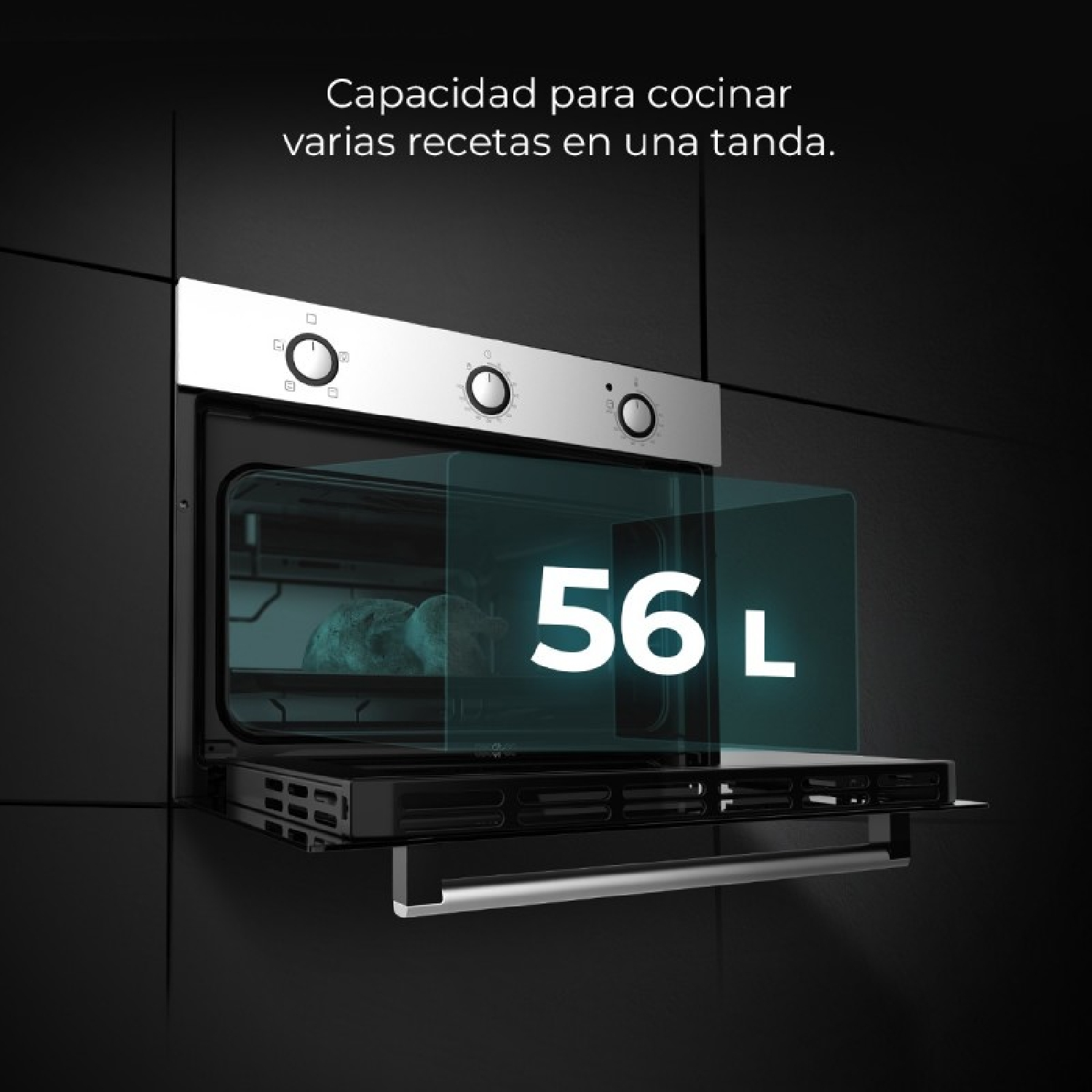 Forno con porta aperta, mostrando l'interno. Testo indica capacità di 56L.