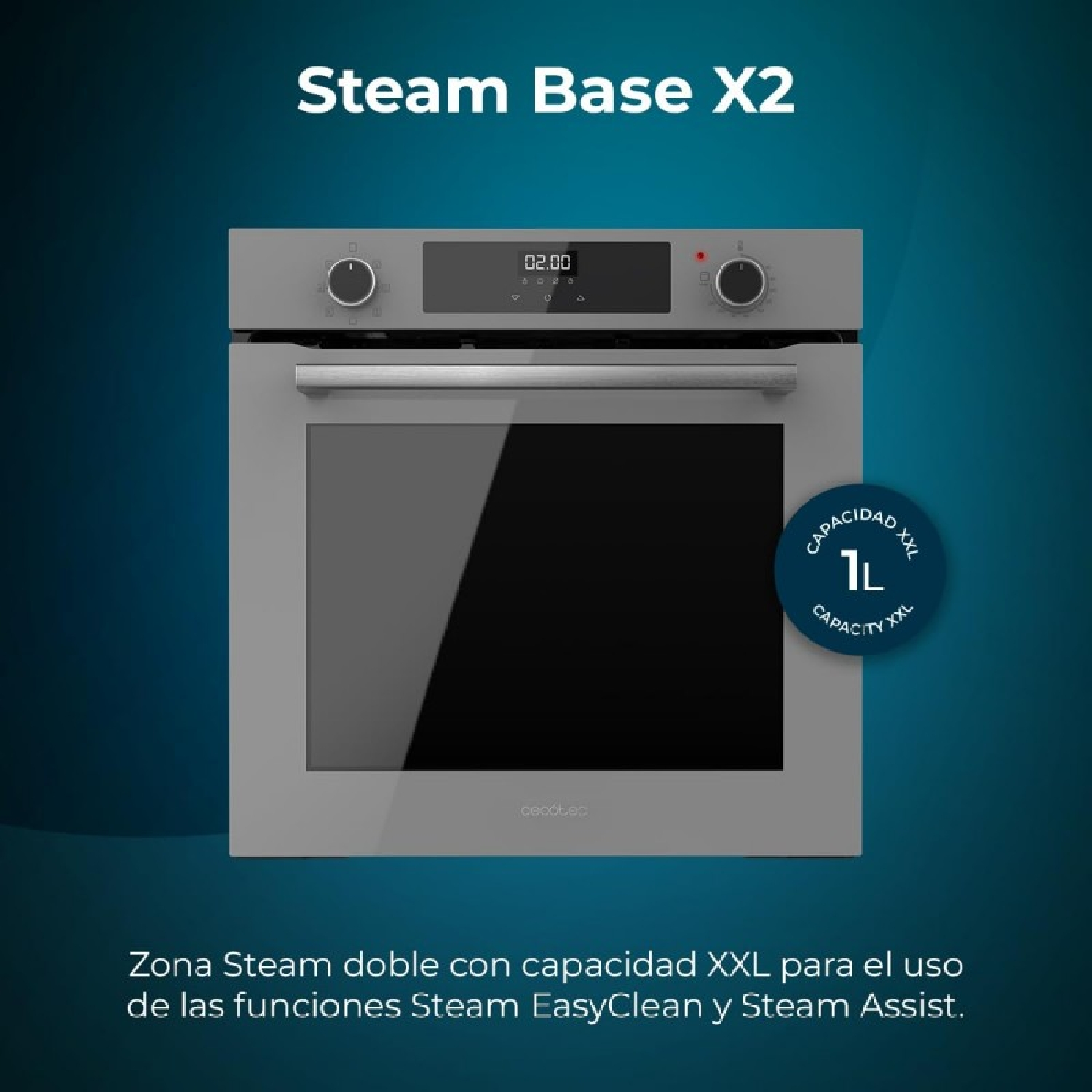 Horno gris con pantalla digital, texto 'Steam Base X2' y capacidad XXL.