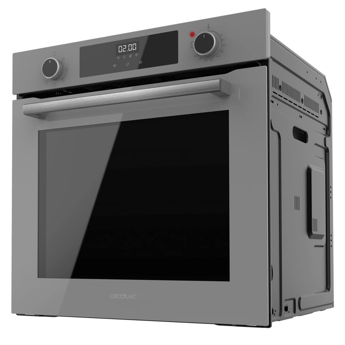 Un horno gris con puerta negra y pantalla digital.