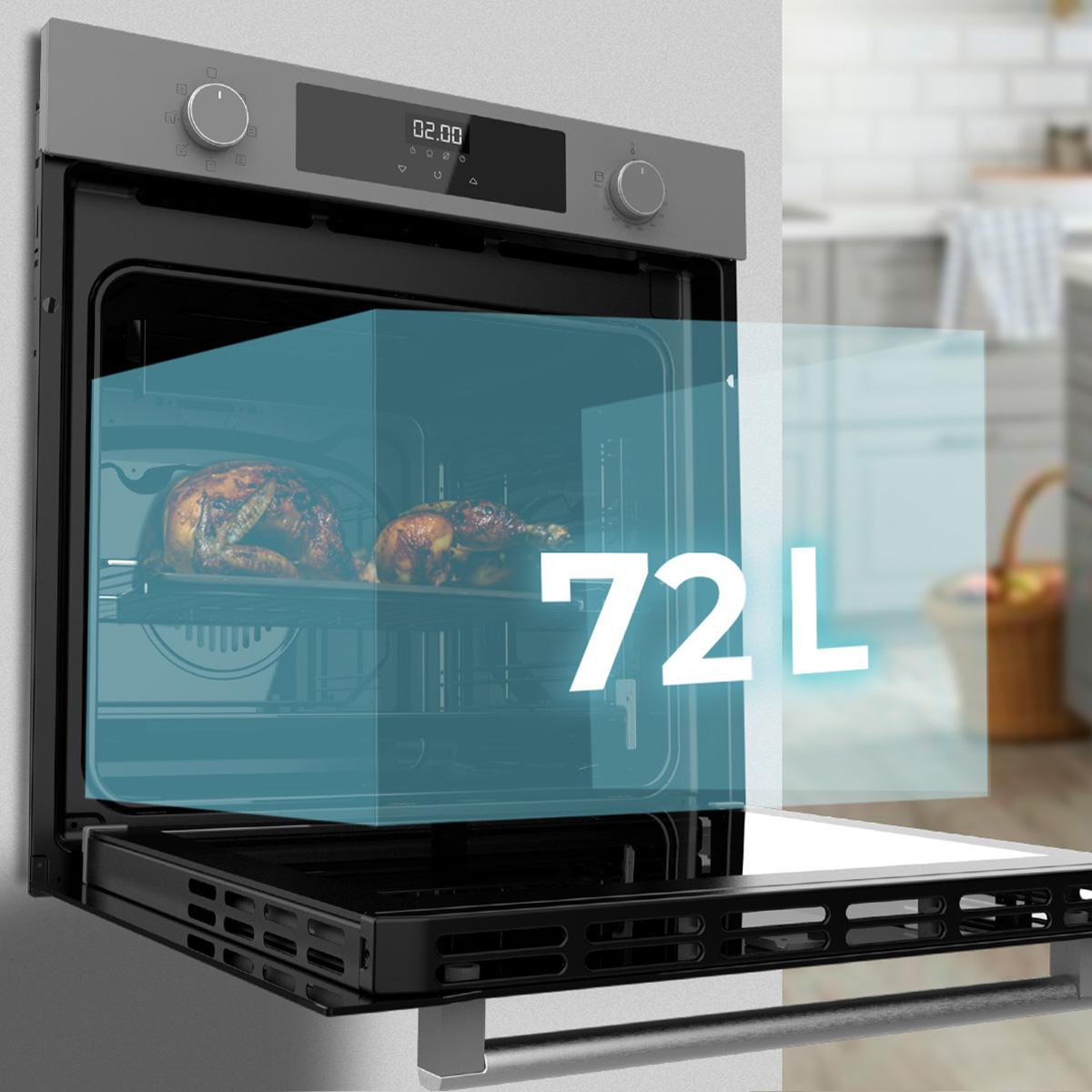 Horno con dos pollos asados dentro, con un indicador de capacidad de 72L.