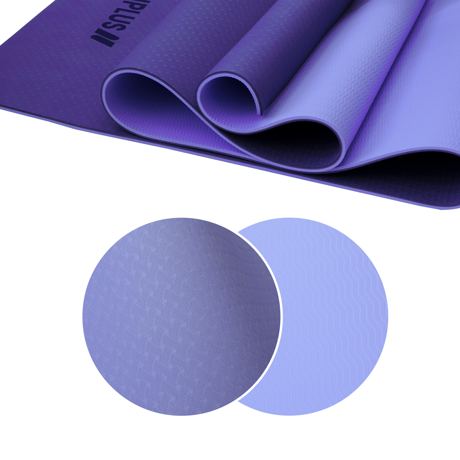 Esterilla de yoga morada enrollada y abierta. Dos círculos de esterilla, uno texturizado.