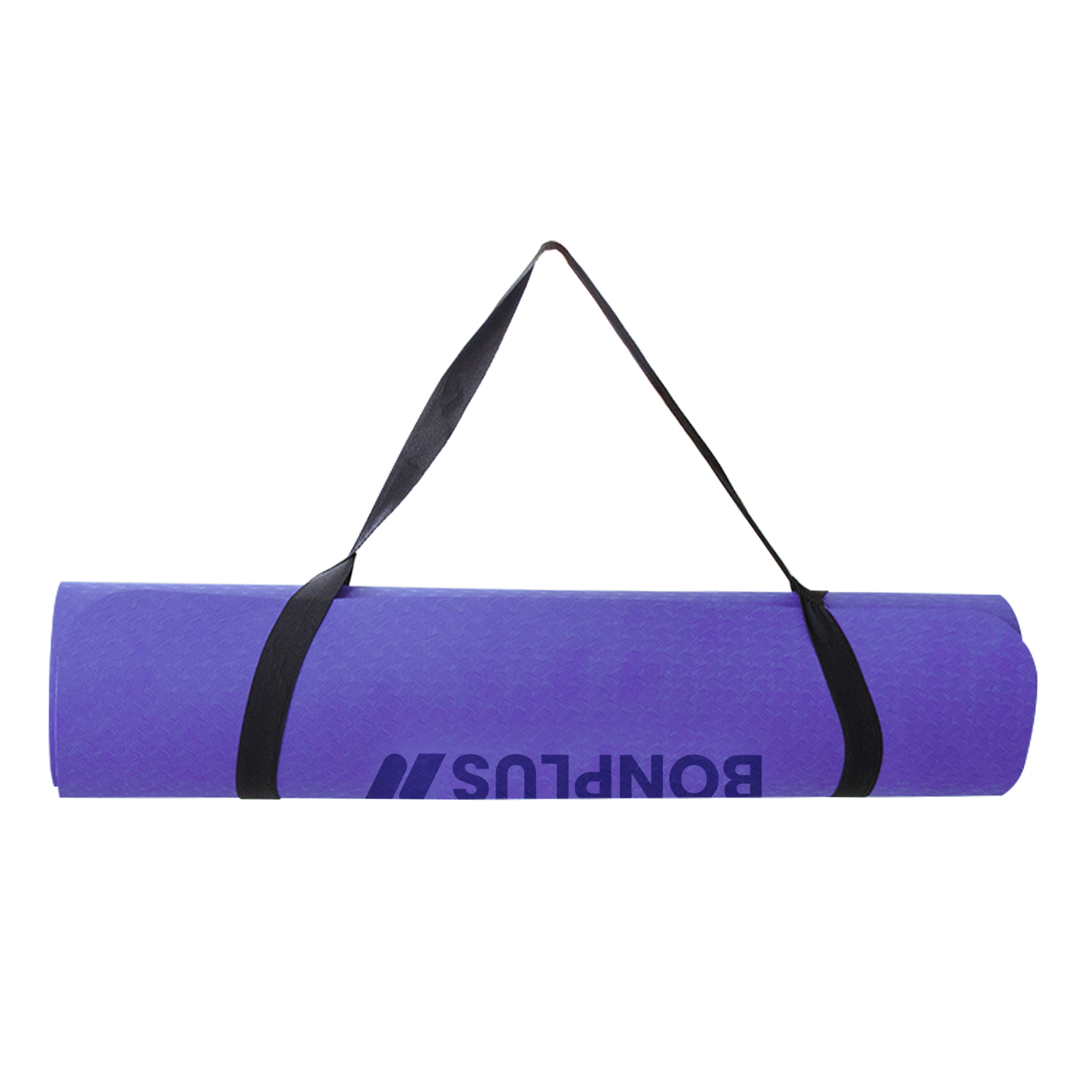 Una esterilla de yoga morada enrollada con correas negras, lista para transportar.