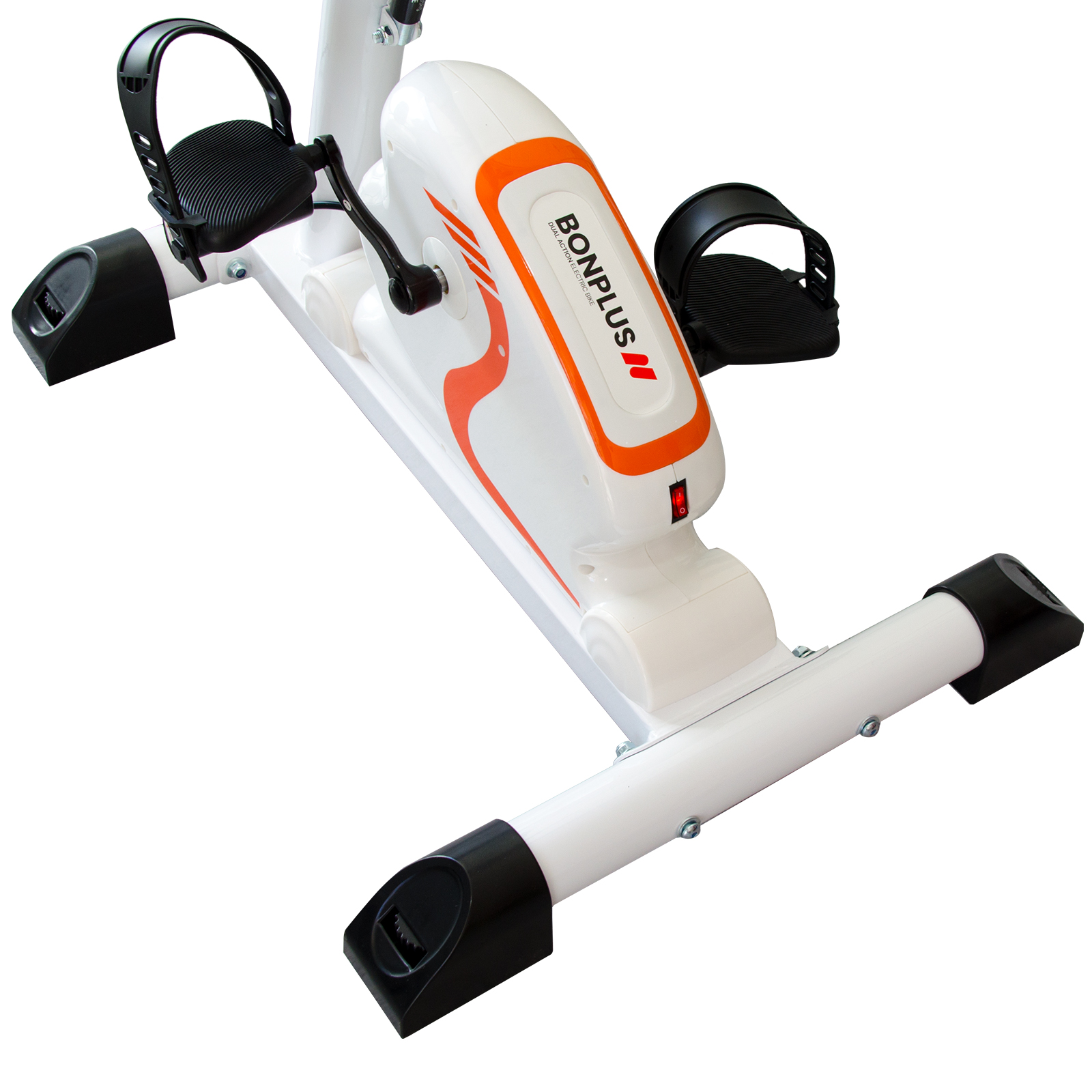 Mini bicicleta de ejercicio. Blanco y naranja con pedales negros.