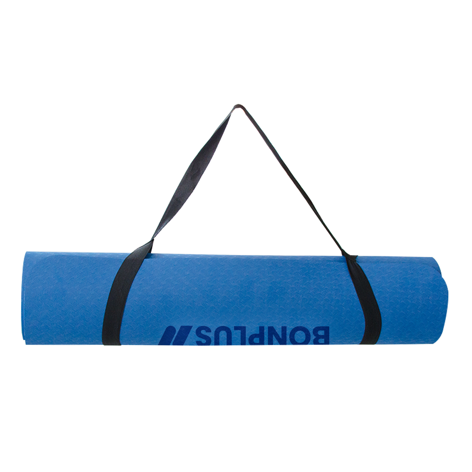 Una esterilla de yoga azul enrollada con correas negras para transportarla. La marca BONPLUS está impresa en la esterilla.