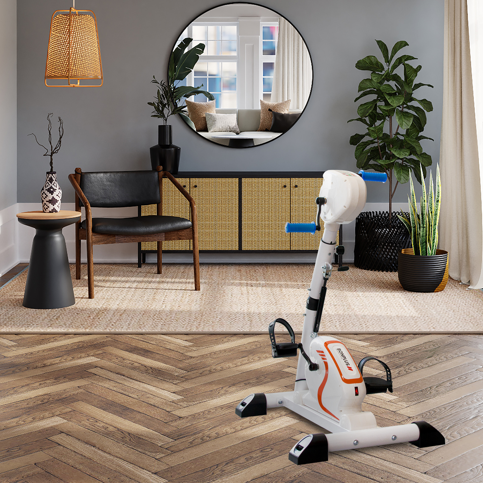 Habitación con bicicleta estática, espejo, plantas y silla. Suelo de madera.