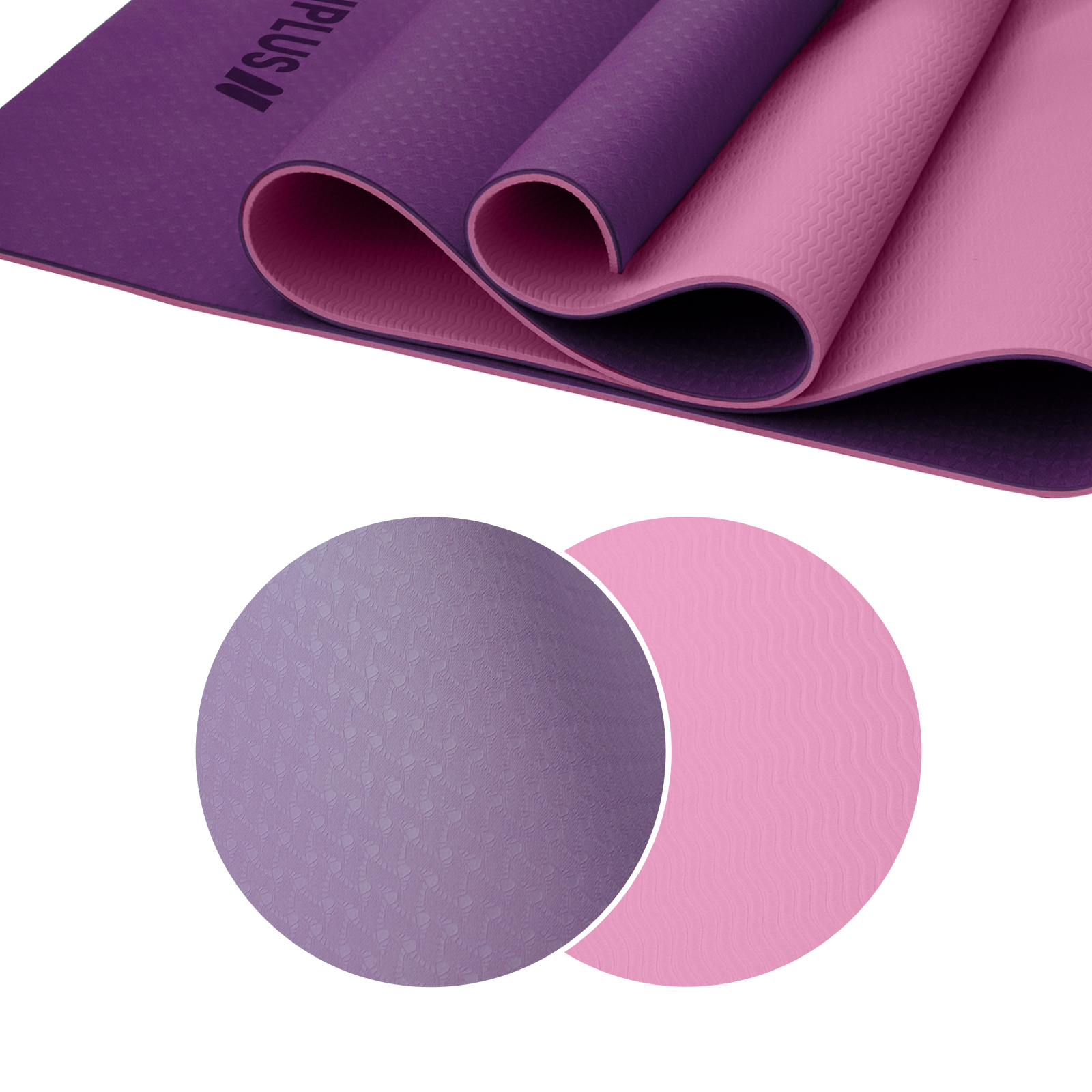 Una esterilla de yoga enrollada, morada arriba, rosa debajo. Dos círculos muestran texturas.