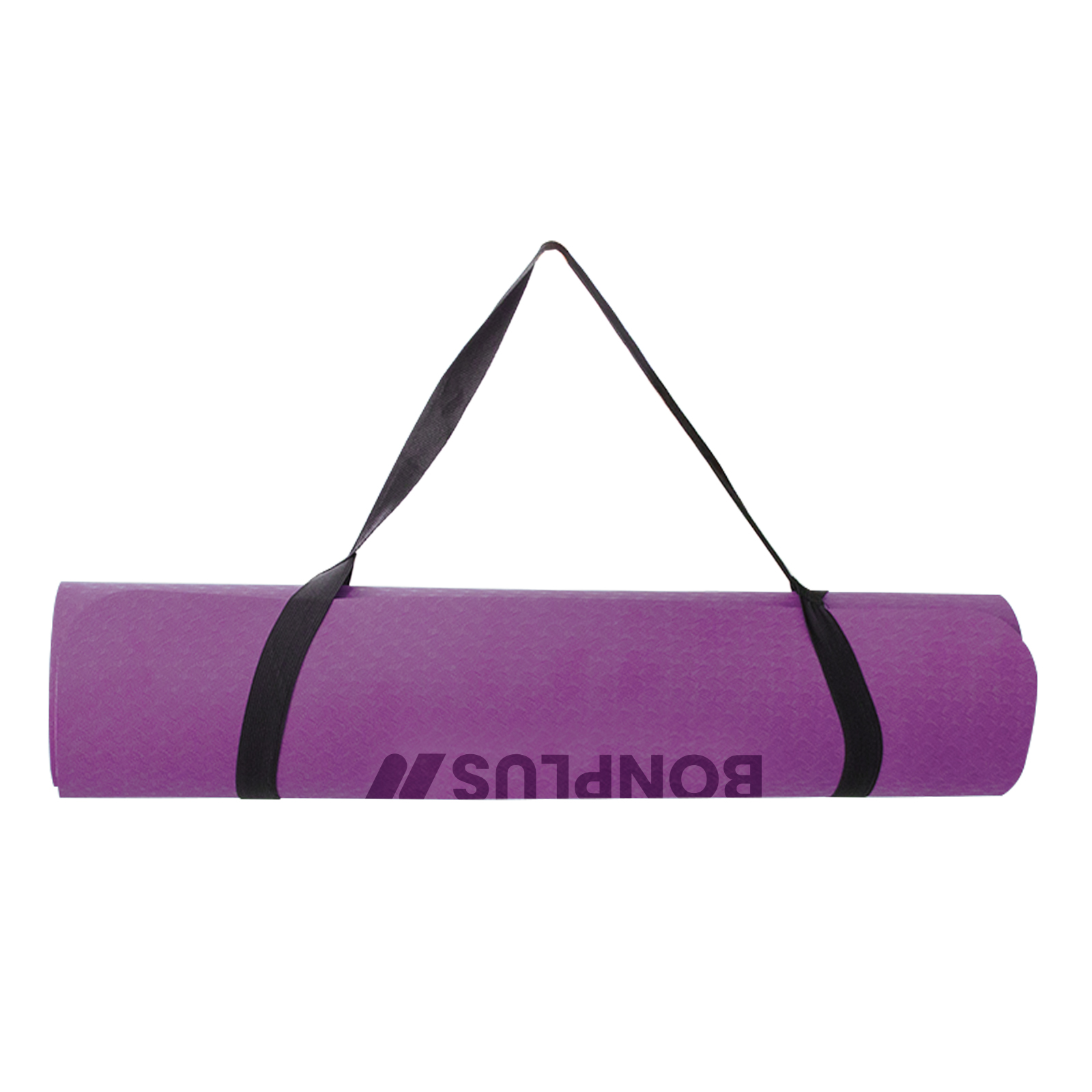 Esterilla de yoga morada enrollada con correas negras y el logo Bonplus.