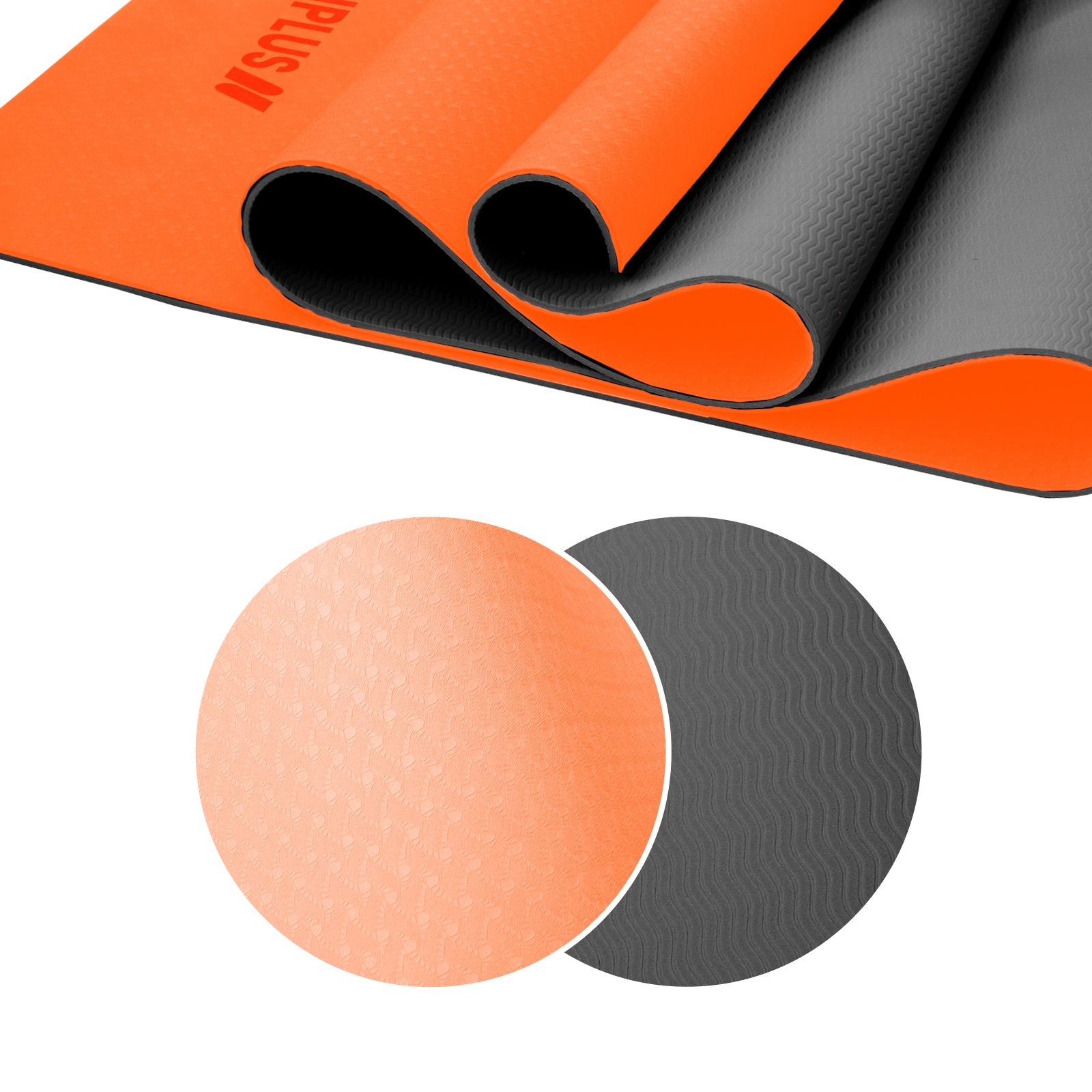 Esterilla de yoga naranja y gris enrollada. Dos círculos con diferentes texturas y colores.