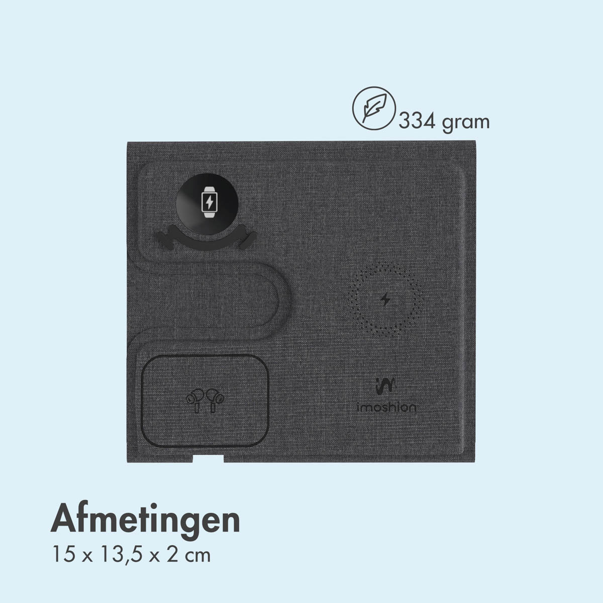 Grijze oplaadpad met draadloos oplaadsymbool. Tekst: 334 gram, afmetingen 15x13,5x2 cm.