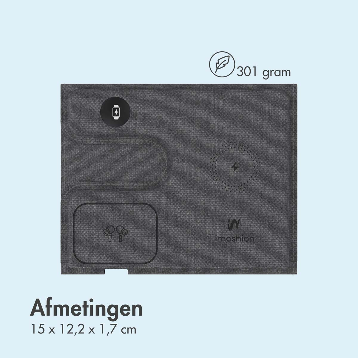 Een grijs oplaadpad met een symbool voor draadloos opladen en een paar oordopjes.