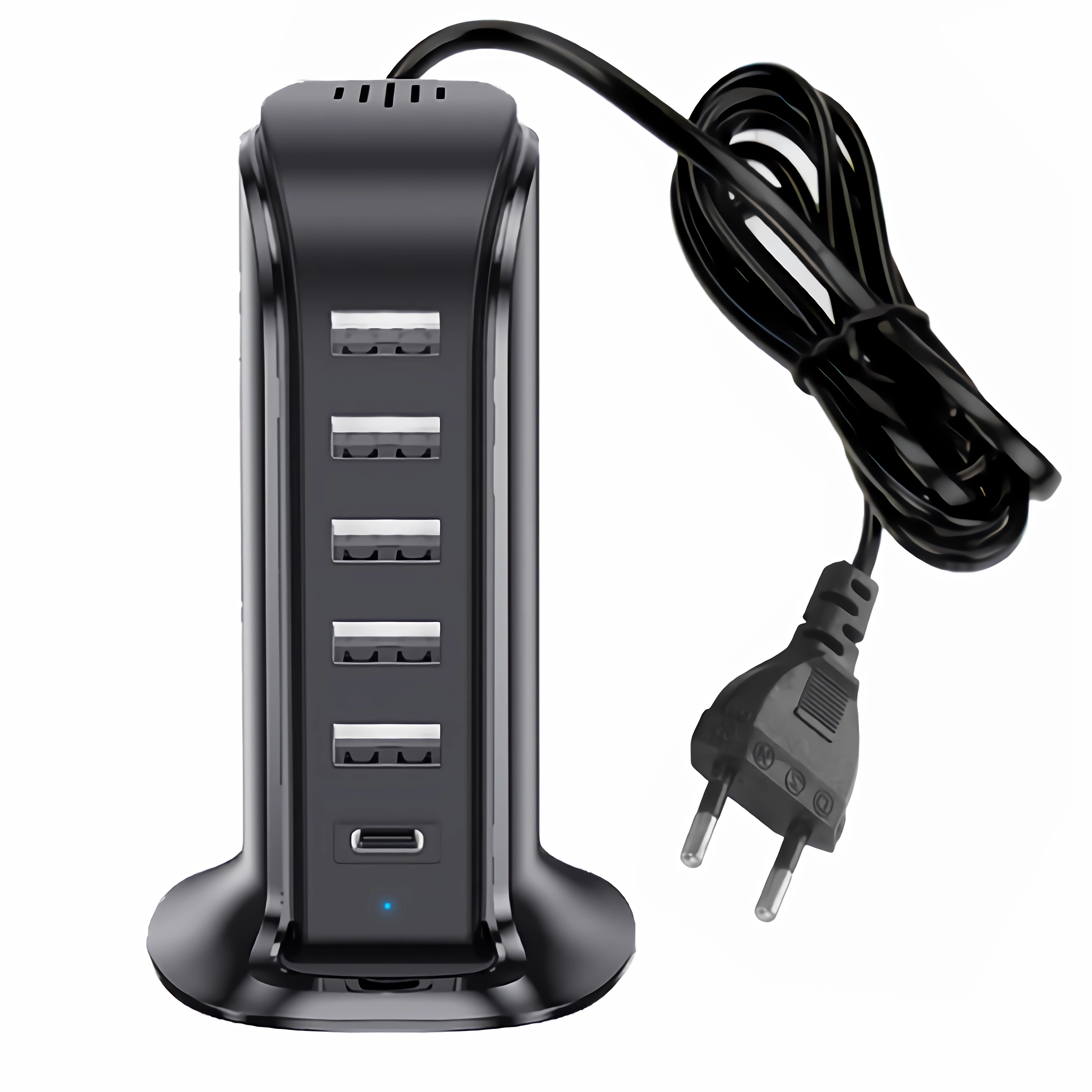 Schwarzer USB-Hub mit mehreren Anschlüssen und einem Netzstecker. Es hat mehrere USB-Anschlüsse.
