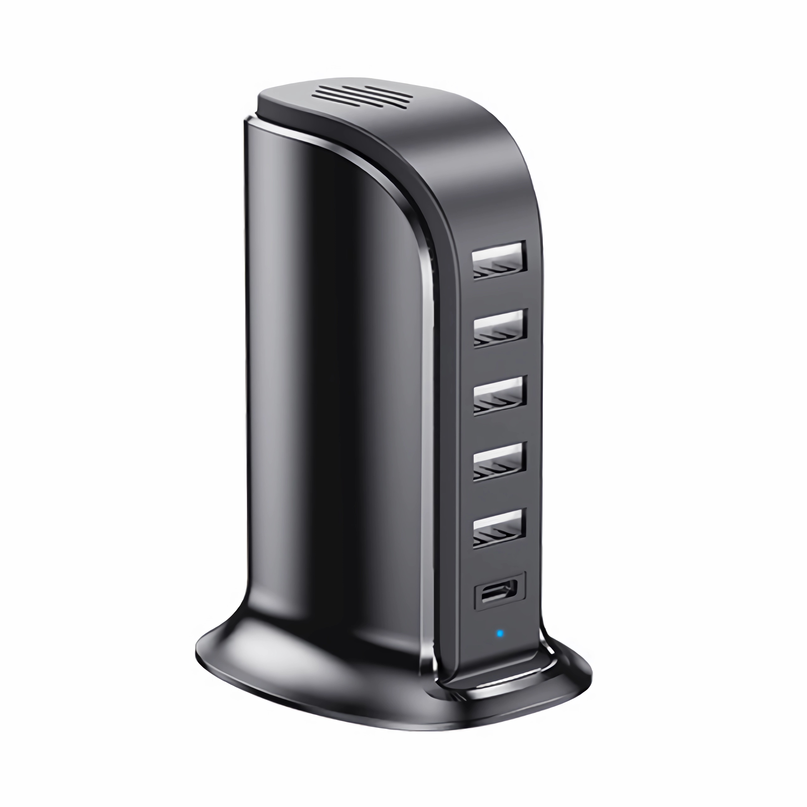 Schwarze USB-Ladestation. Sie verfügt über mehrere USB-Anschlüsse und einen Ein-/Ausschalter. Es hat ein schlankes Design.