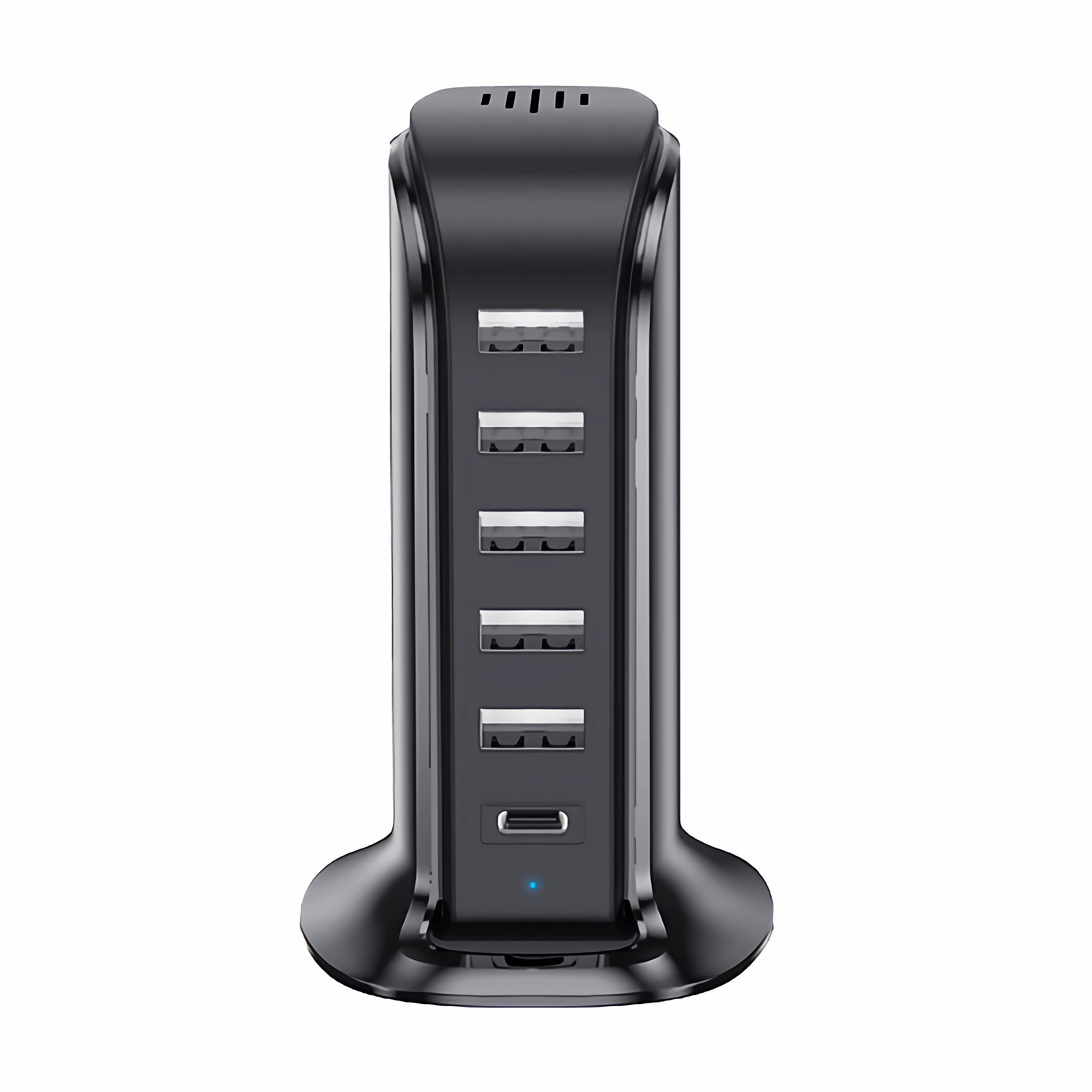 Schwarzer USB-Hub mit sieben Anschlüssen. Ein blaues Licht ist sichtbar. Weißer Hintergrund.