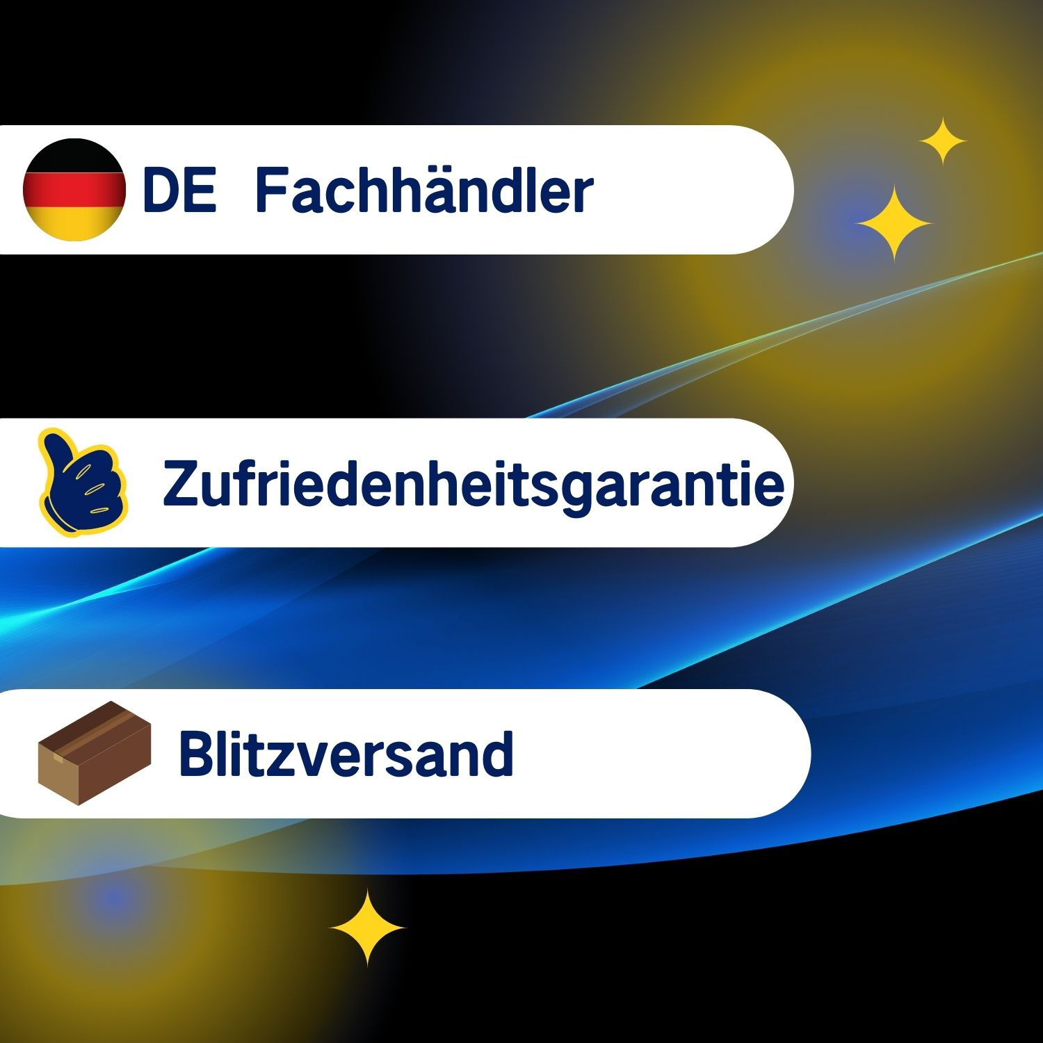 Visuell mit Text: DE Fachhändler, Zufriedenheitsgarantie, und Blitzversand.