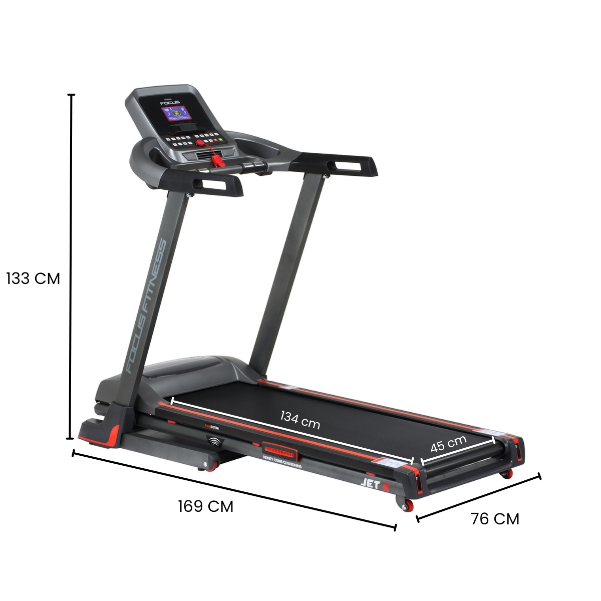A gray and red treadmill with dimensions marked. It's a Focus Fitness Jet model.