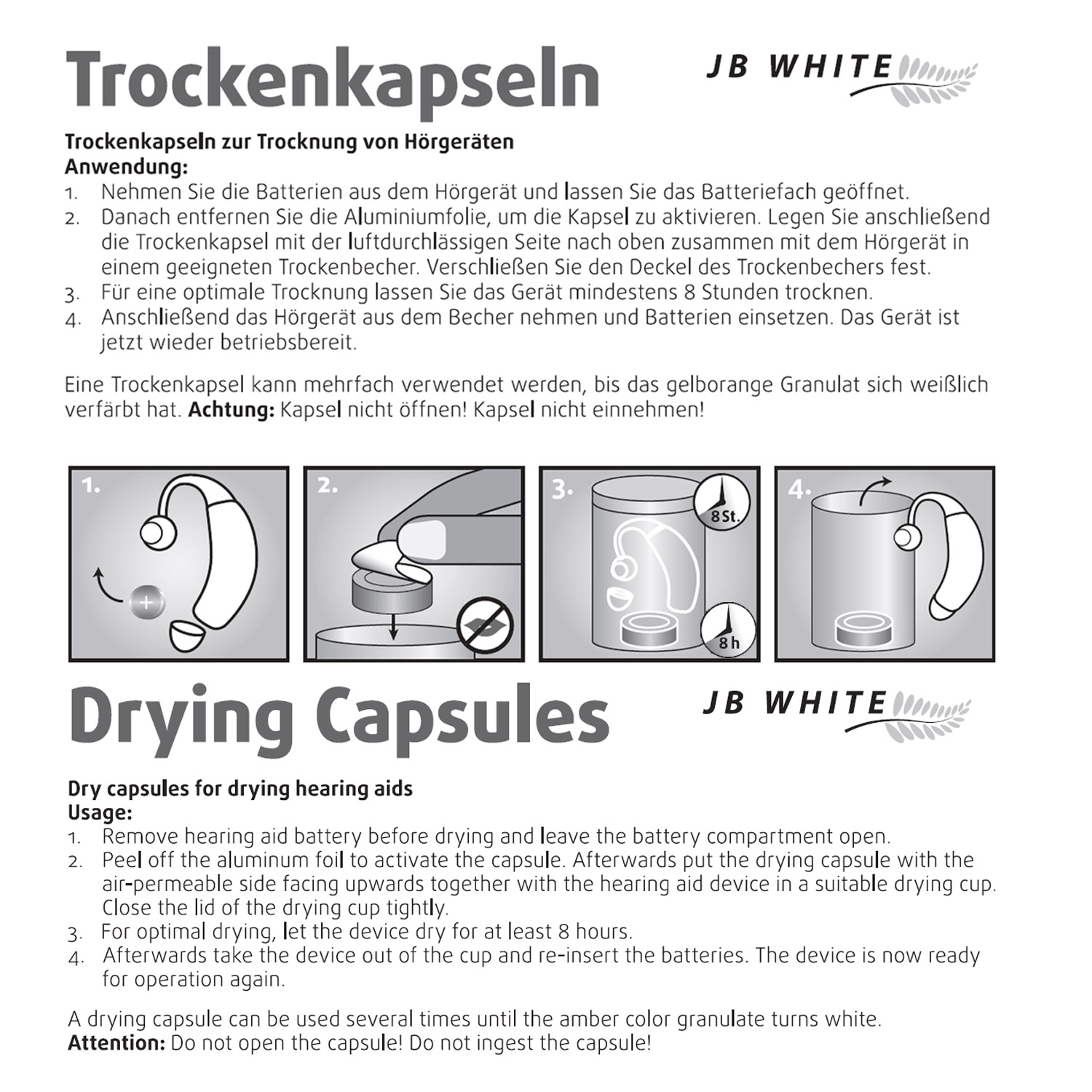Diagramm von Trockenkapseln für Hörgeräte, mit Anweisungen und Bildern.