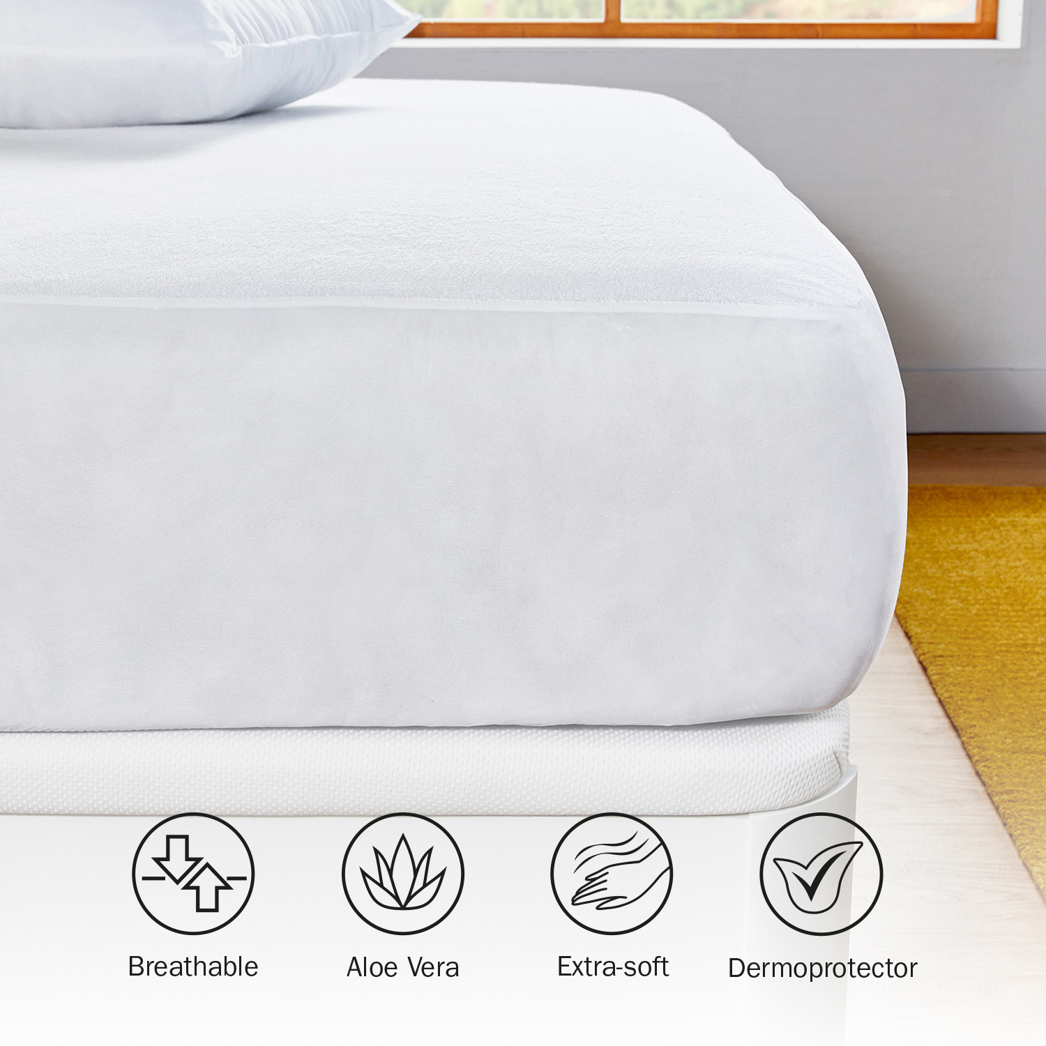 Protector de cama - PIKOLIN HOME de rizo Aloe Vera transpirable 135x190/200cm, 135 cm x 190 cm, Rizo de algodón, Blanco