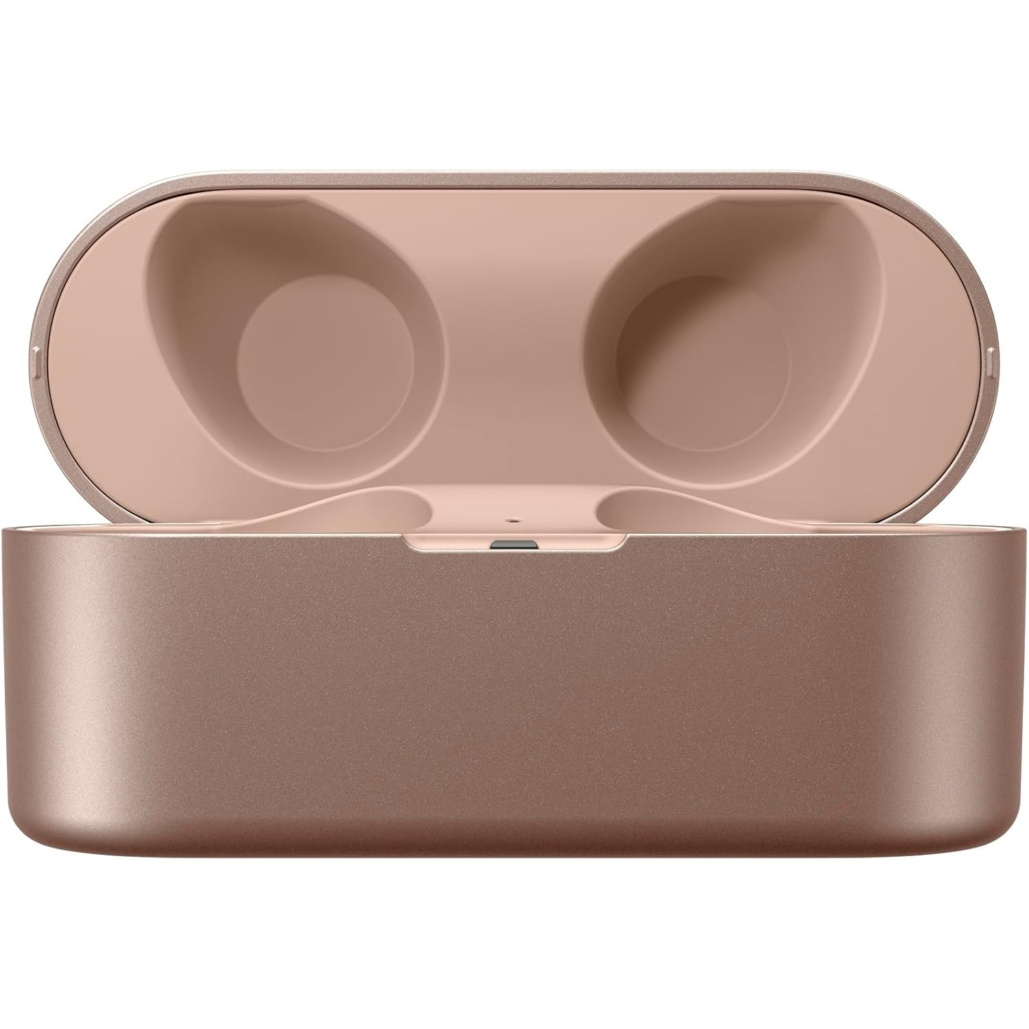 Geöffnetes roségoldenes Ladecase für Ohrhörer. Das Case hat zwei ohrhörerförmige Fächer innen.