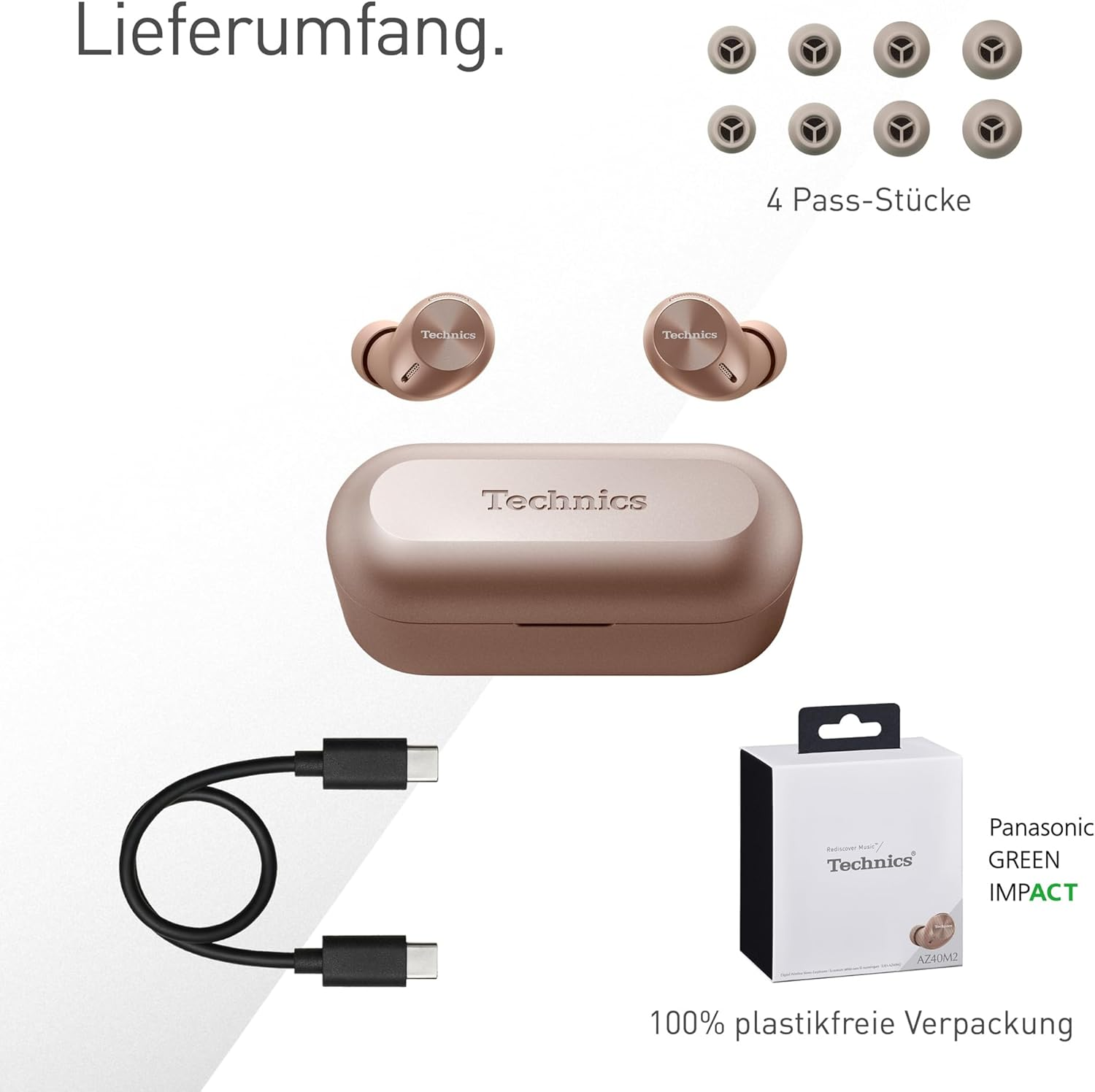 Ohrhörer und Ladeetui. Zubehör umfasst ein USB-C-Kabel und zusätzliche Ohrstöpsel. Verpackt in einer Box.
