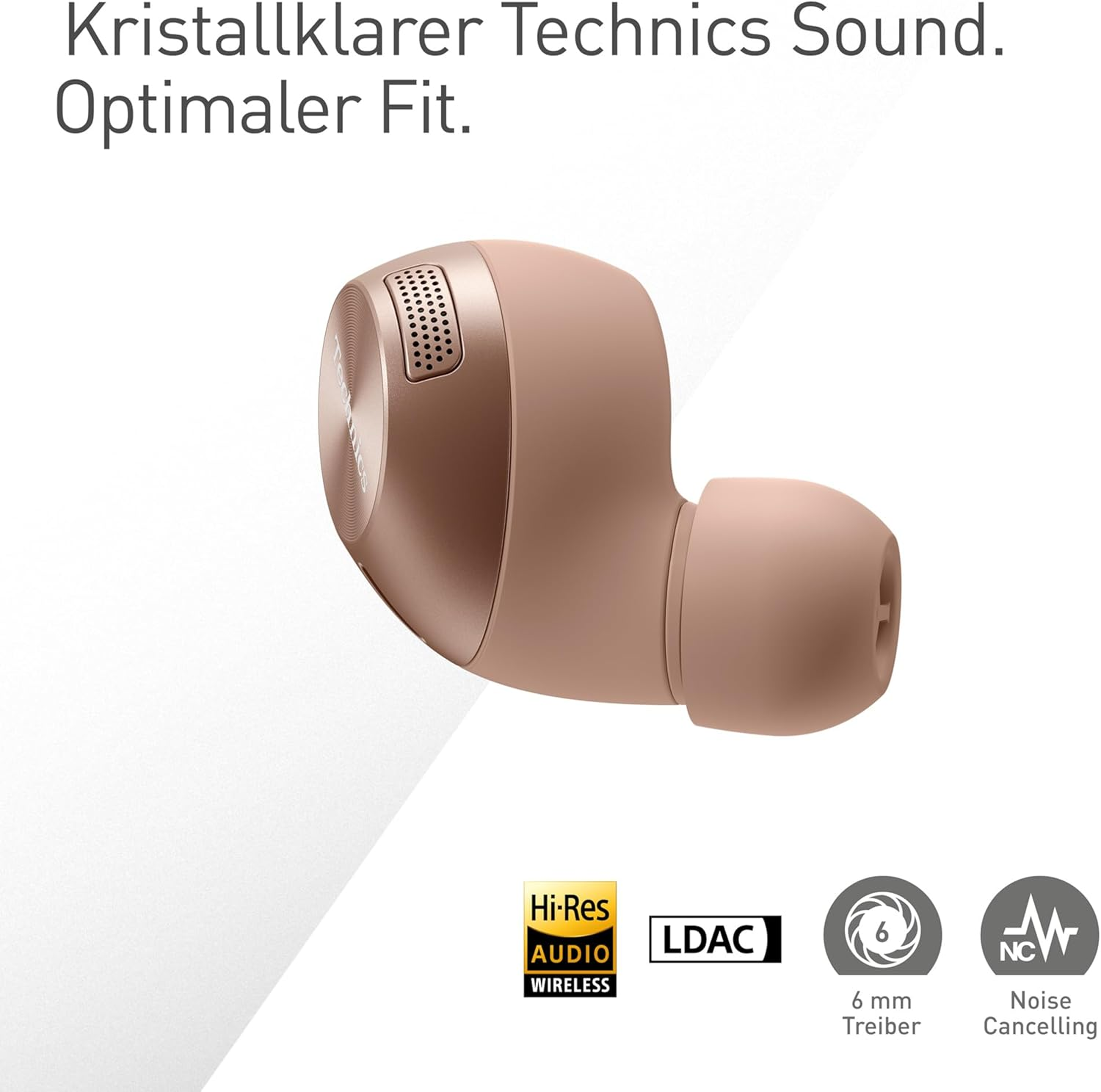 Ohrhörer. Text lautet 'Hi-Res Audio Wireless', '6 mm Treiber' und 'Noise Cancelling'.