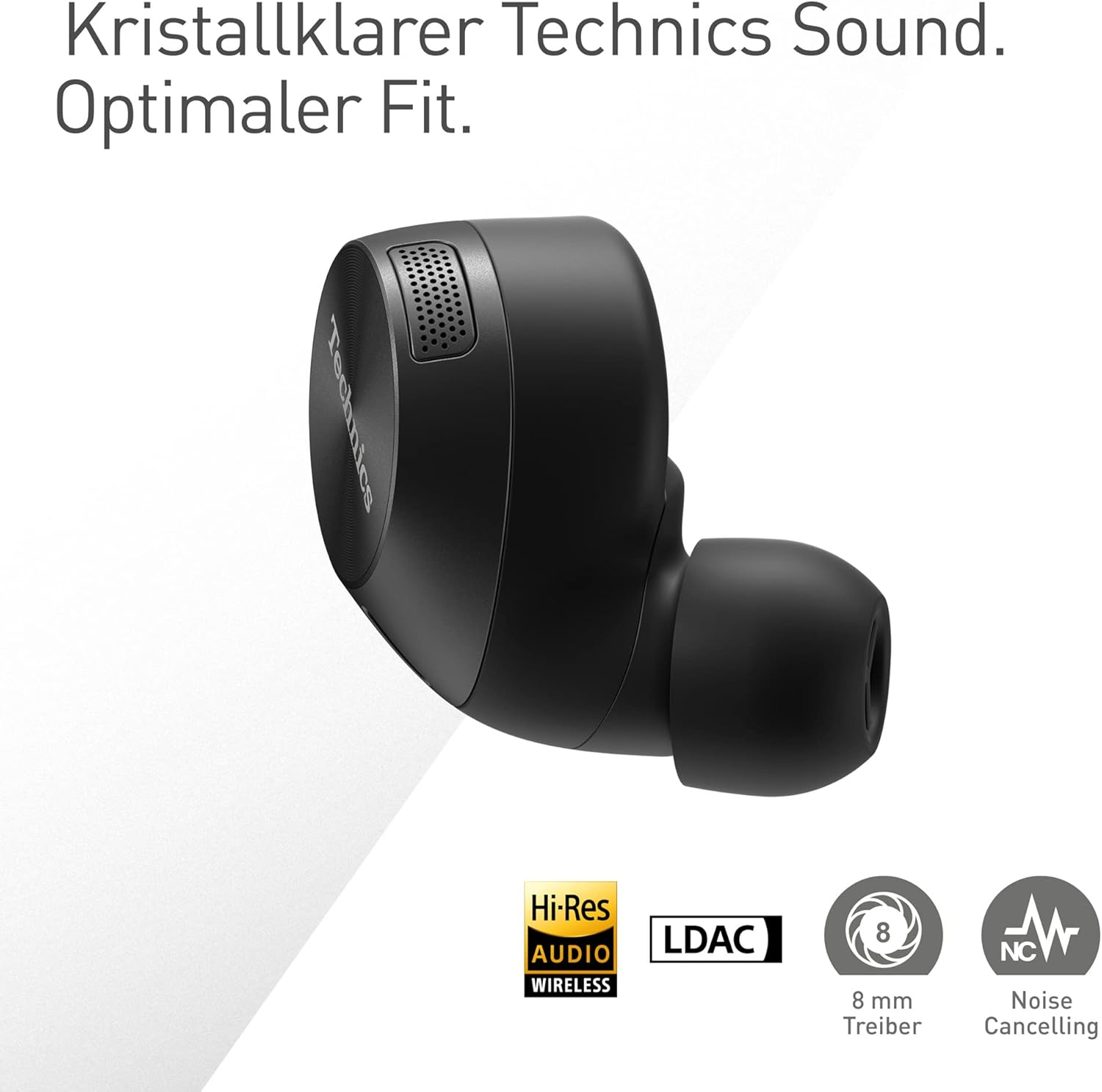 Schwarzer Technics-Ohrhörer, mit Text und Symbolen, die Funktionen hervorheben.