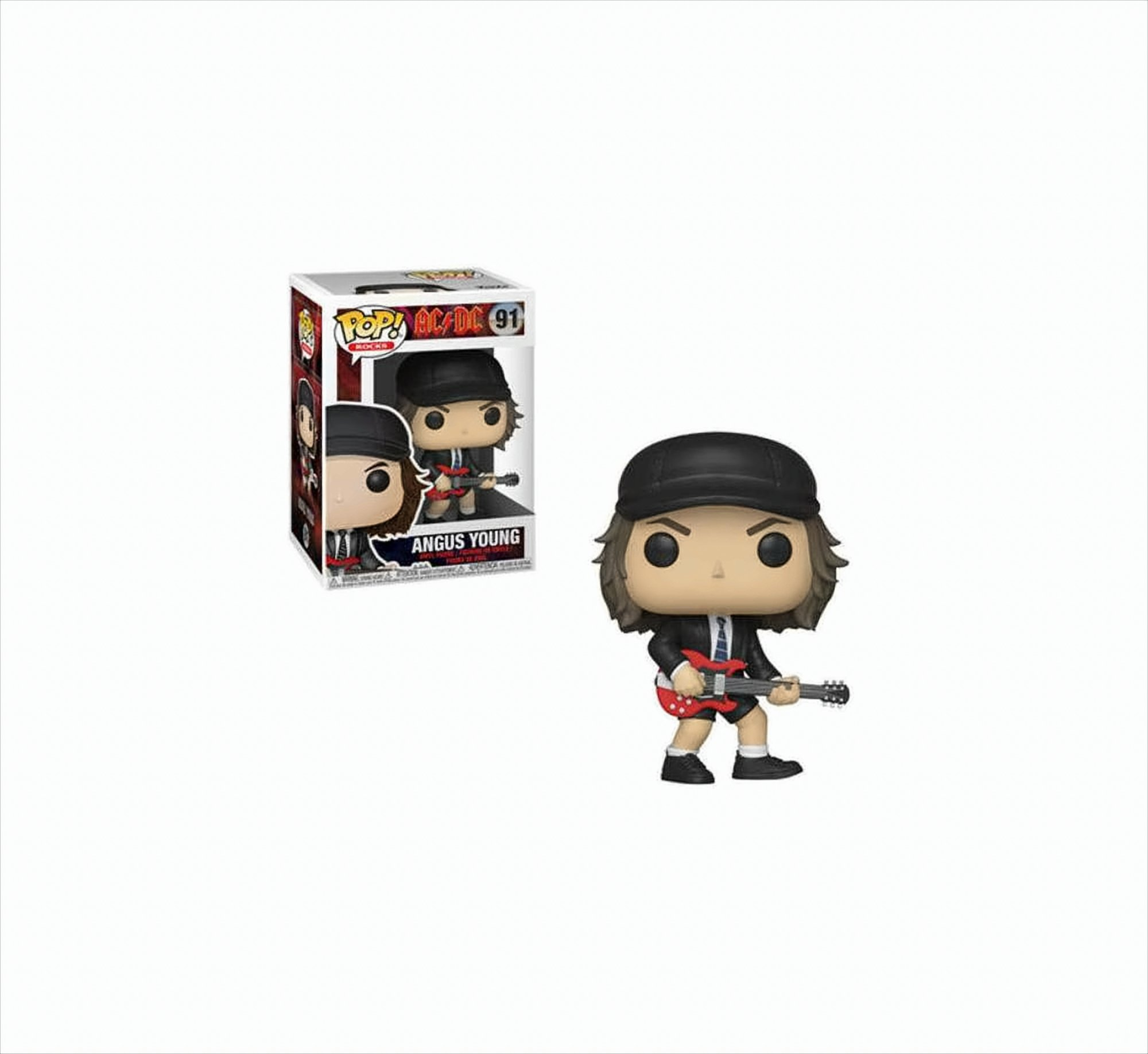 Una figura in vinile Pop! di Angus Young degli AC/DC, in uniforme scolastica nera, con una chitarra rossa.