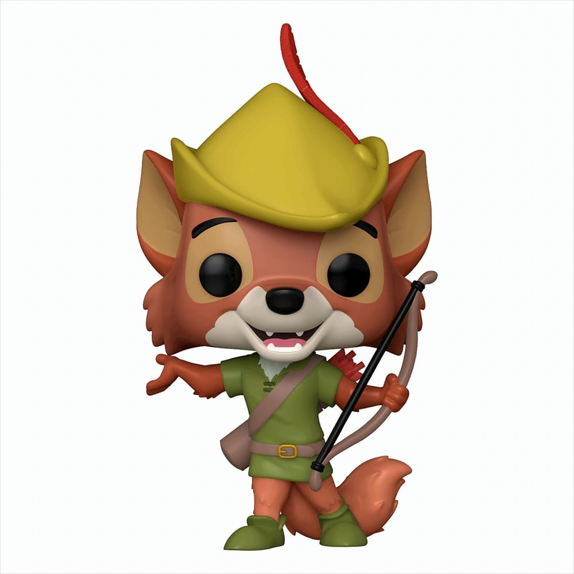 Robin Hood Fuchs-Figur, hält Pfeil und Bogen, in grüner Tunika und gelbem Hut. Cartoon-Stil.