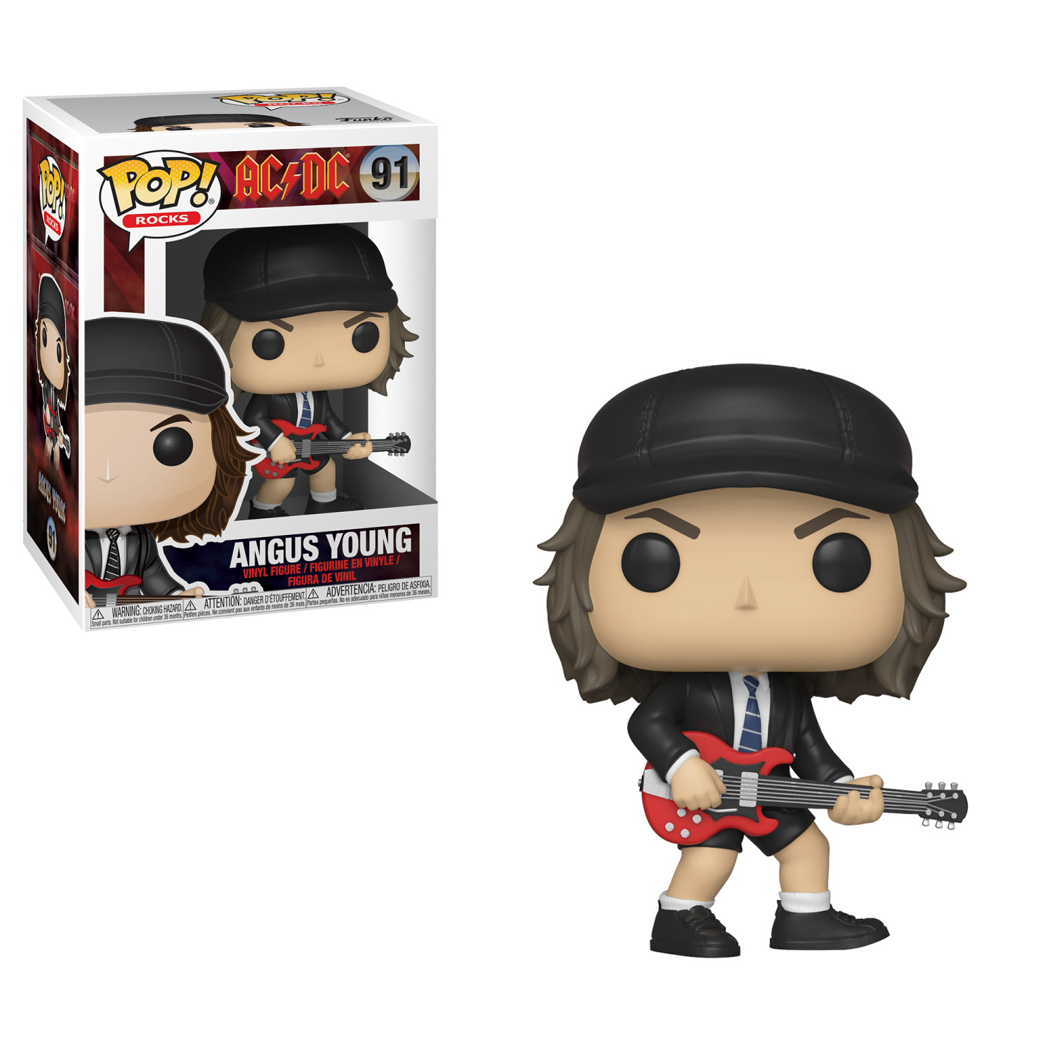 Figura Funko Pop di Angus Young degli AC/DC in una scatola, in piedi con una chitarra.