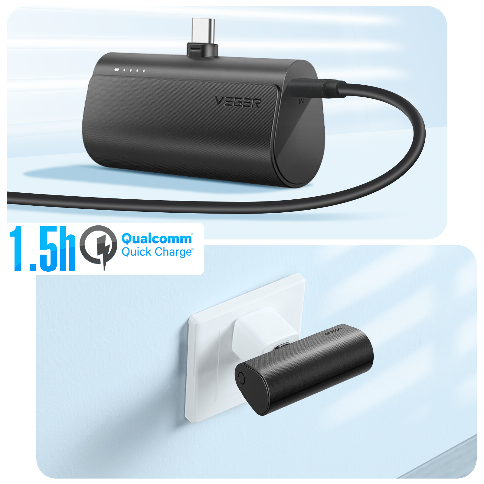 Power bank Veeger nero con un cavo. Un'altra vista mostra il power bank collegato a una presa a muro.