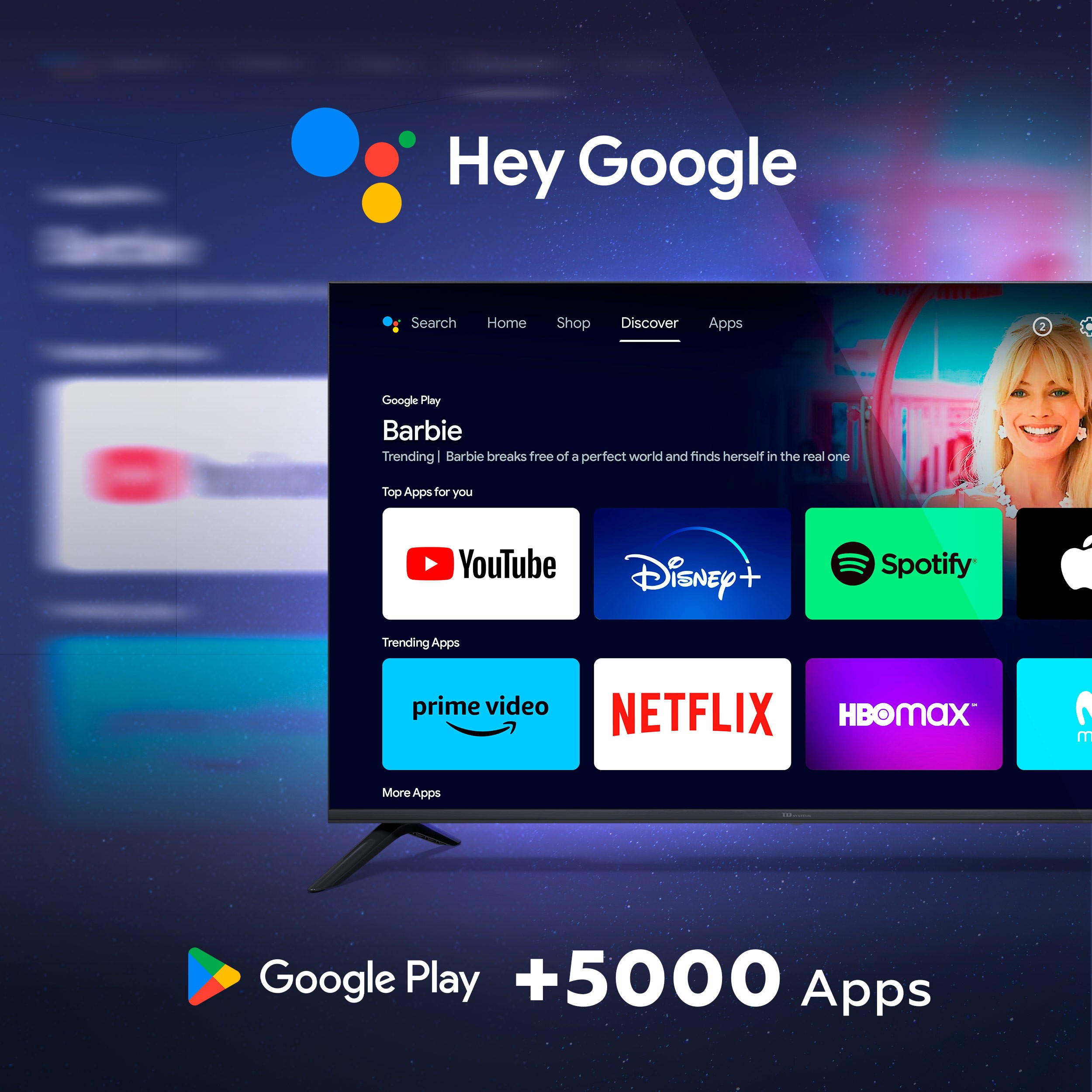 Pantalla de TV mostrando la interfaz de aplicaciones de Google Play.